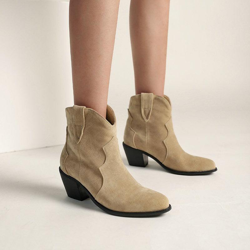 Cowgirl Chic Suede Ankle Boots - Stylish High Heel Cowgirl Boots for Women in tan suede with thick heel on white background.