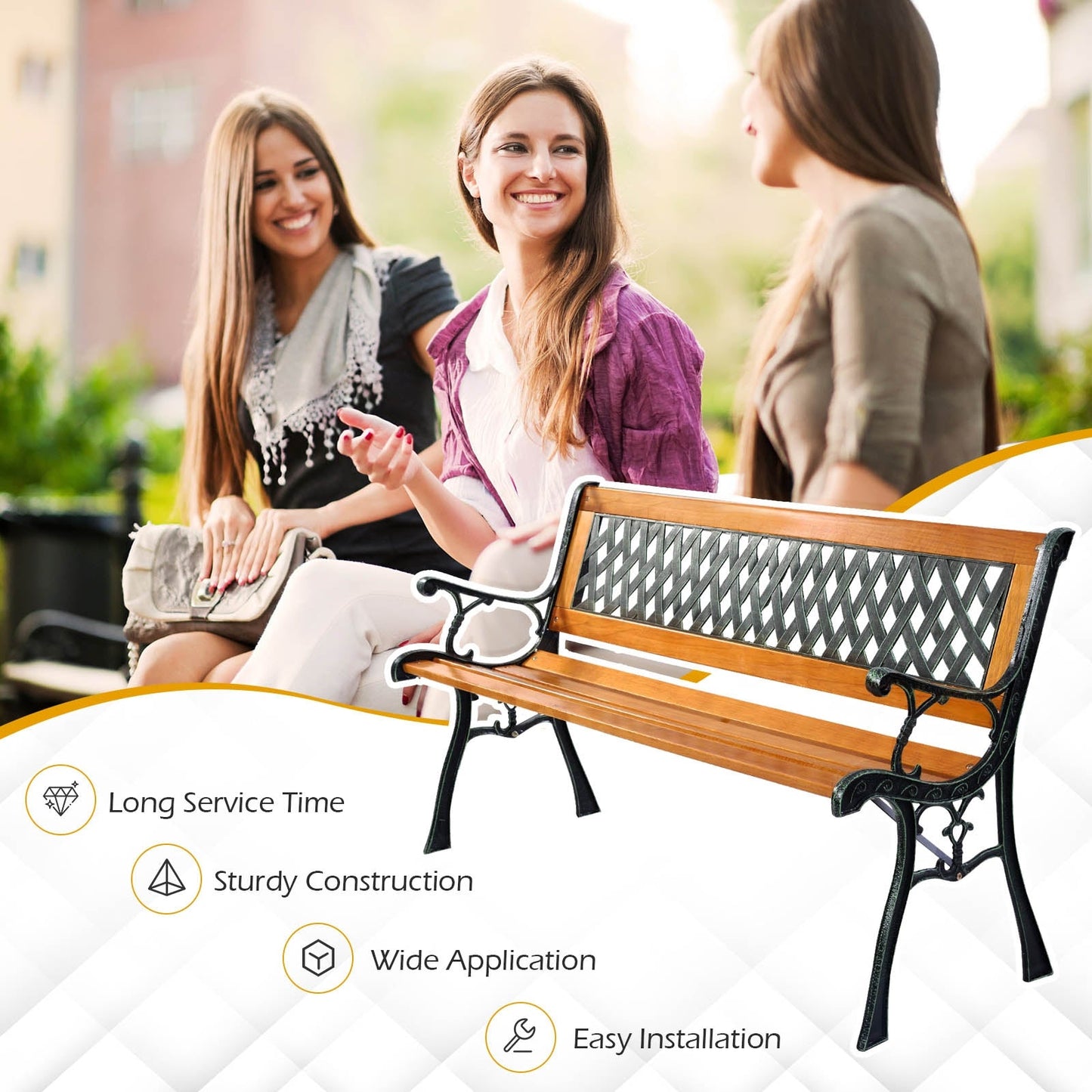 Outdoor Cast Iron Patio Bench seating three adults with sturdy construction and stylish design.