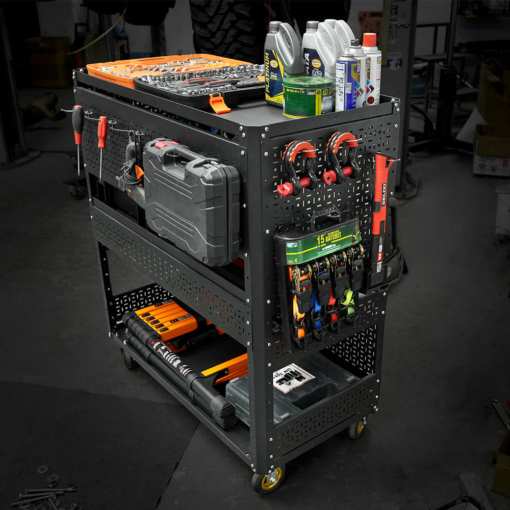 3-Tier DIY Detachable Utility Cart Storage Tool Cart With Steel Pegboard, Foldable Rolling Tool Cart with Wheels For Garage Organizer and Tool Storage
