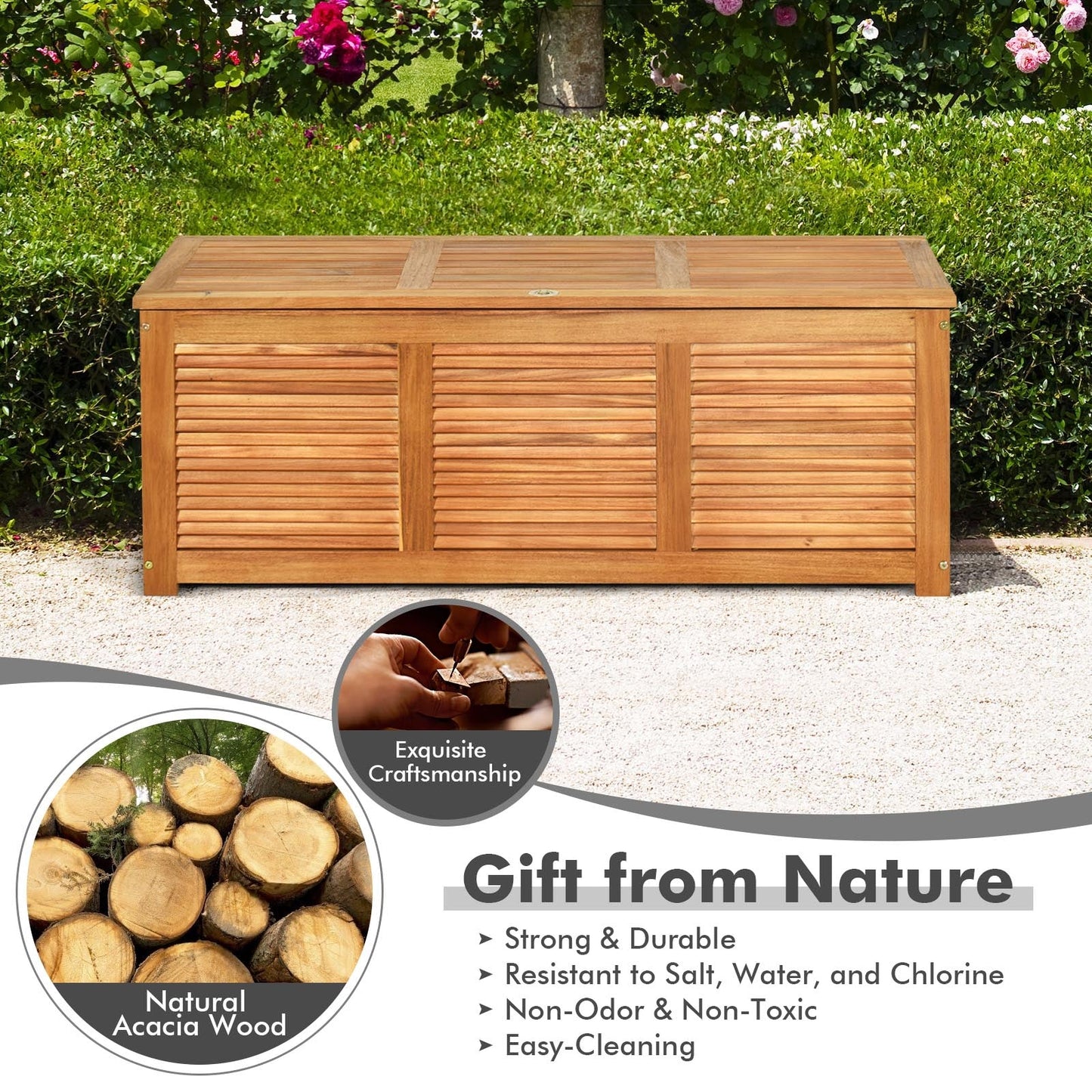 46 Gallon Acacia Wood Storage Bench Box for Patio Garden Deck with flip-top lid and natural wood finish, suitable for indoor and outdoor use.