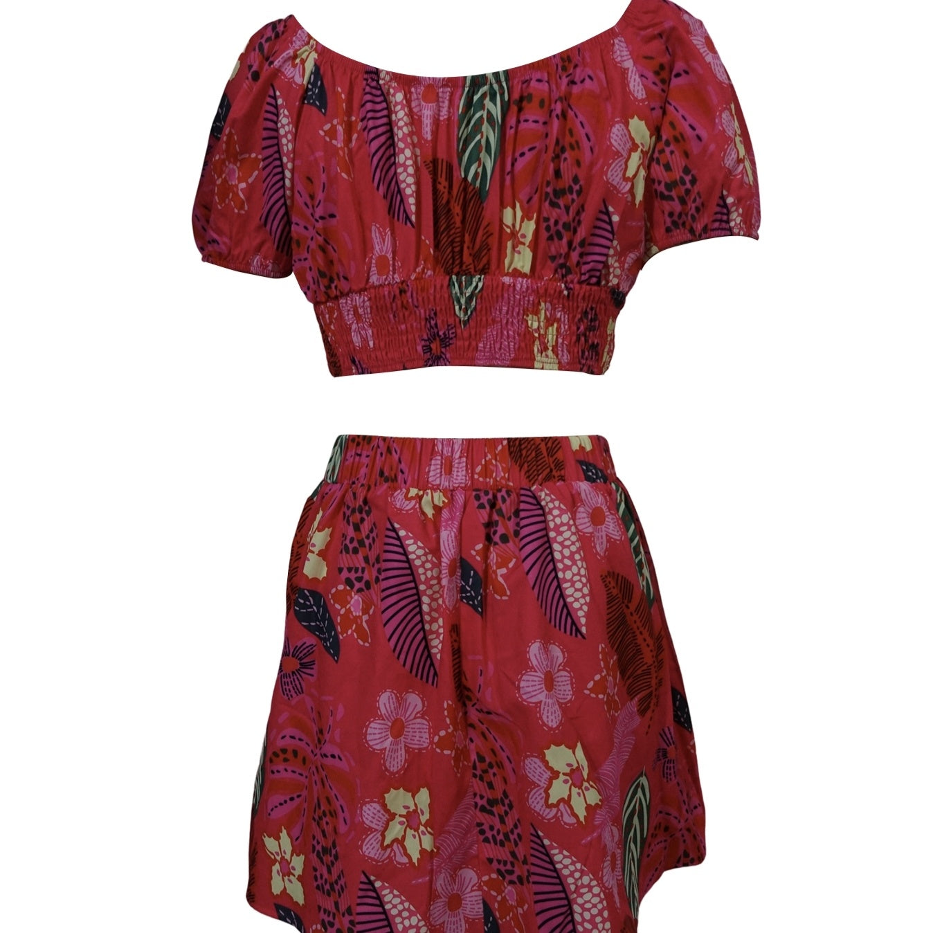 Flower Print Bubble Sleeves With Exposed Navel Short Top, Pleated Short Skirt Set