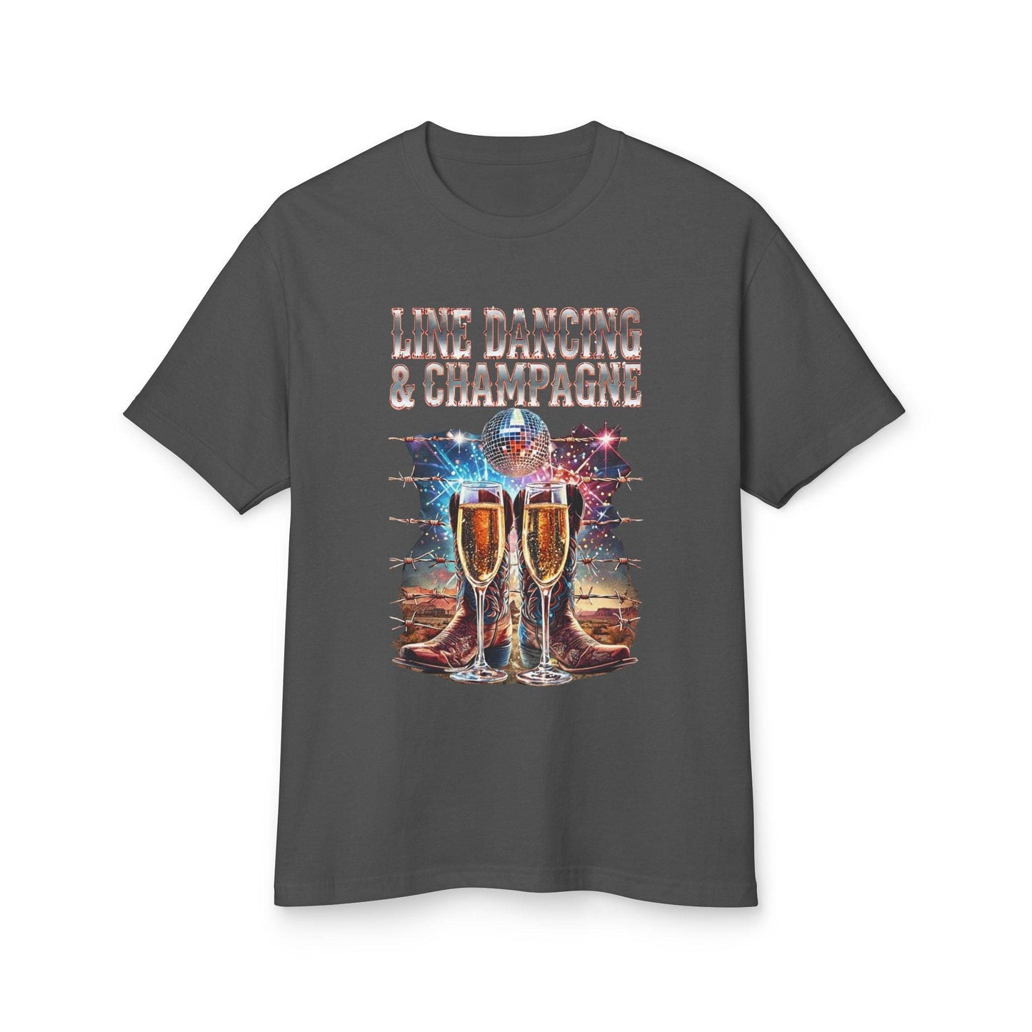 Line Dancing and Champagne T-Shirt with western boots and champagne glasses graphic on women's heavyweight cotton fabric.