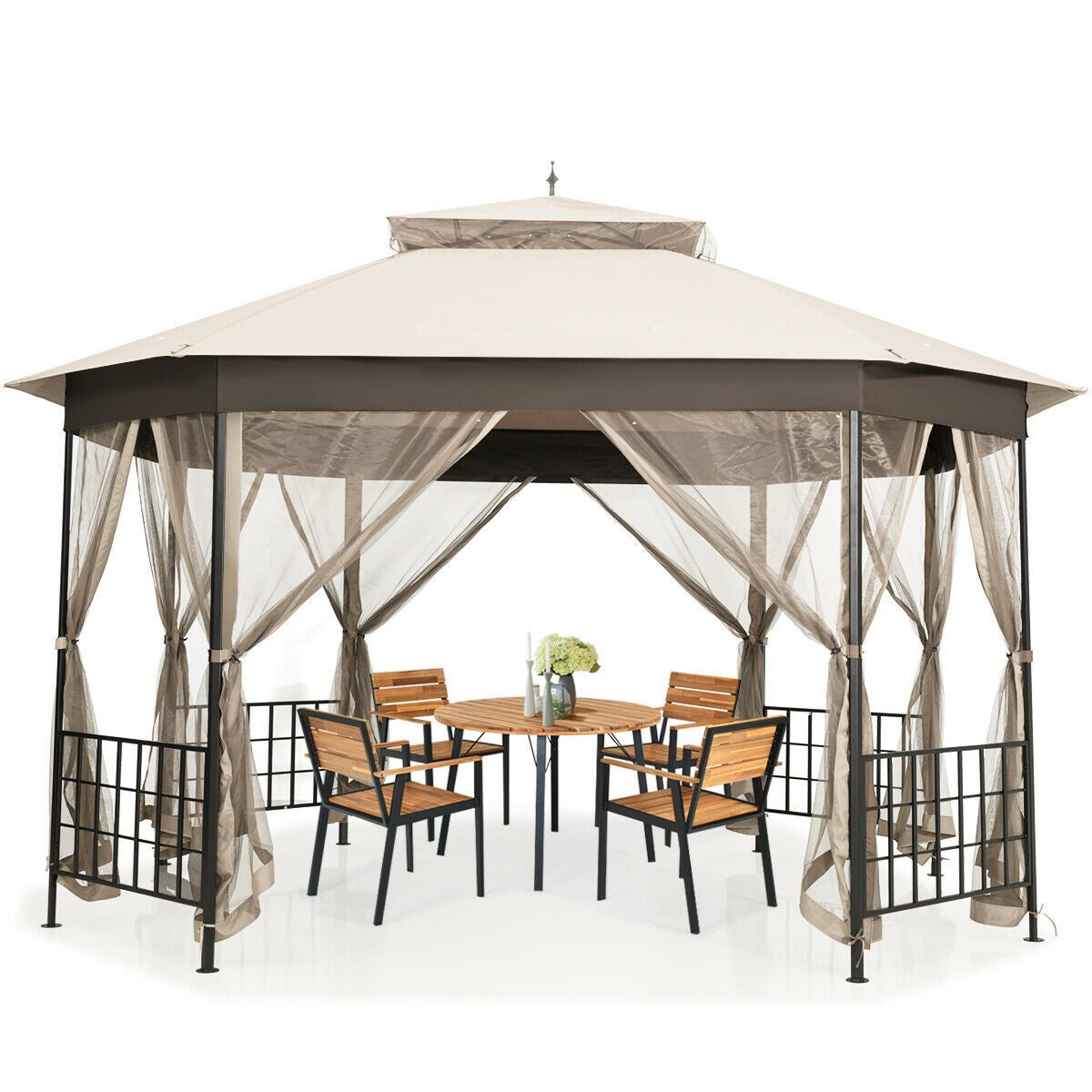 10’x 12’ Octagonal Patio Gazebo-Beige with chairs and table underneath, ideal for backyard gatherings, strong steel frame and polyester canopy