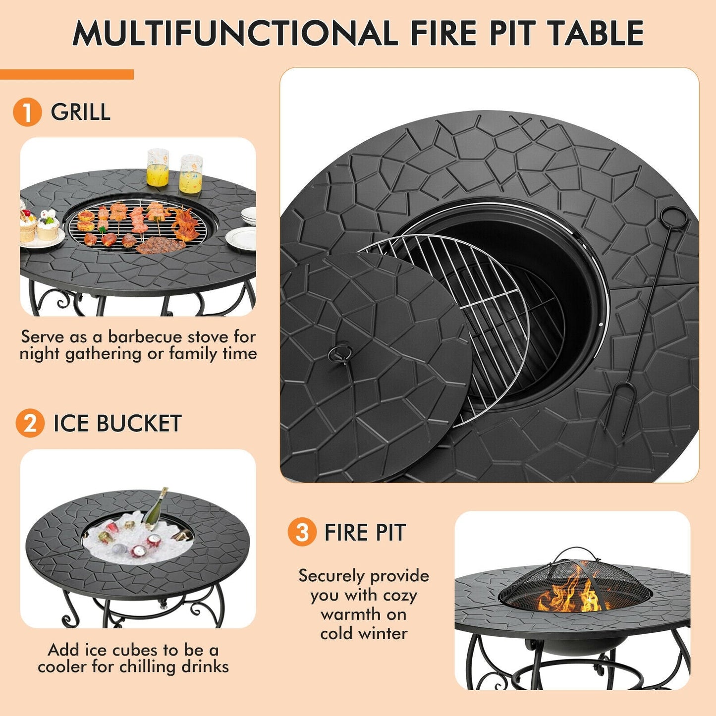 Multifunctional 35.5 Feet Patio Fire Pit Dining Table With Cooking BBQ Grate showcasing grill, ice bucket, and fire pit options.