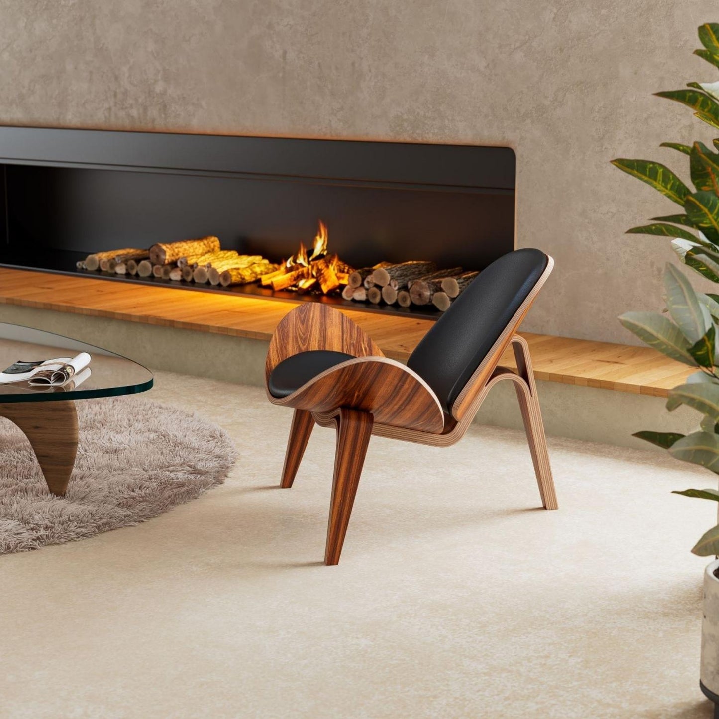 Vegan Leather Vigore Lounge Chair in elegant living room with fireplace.