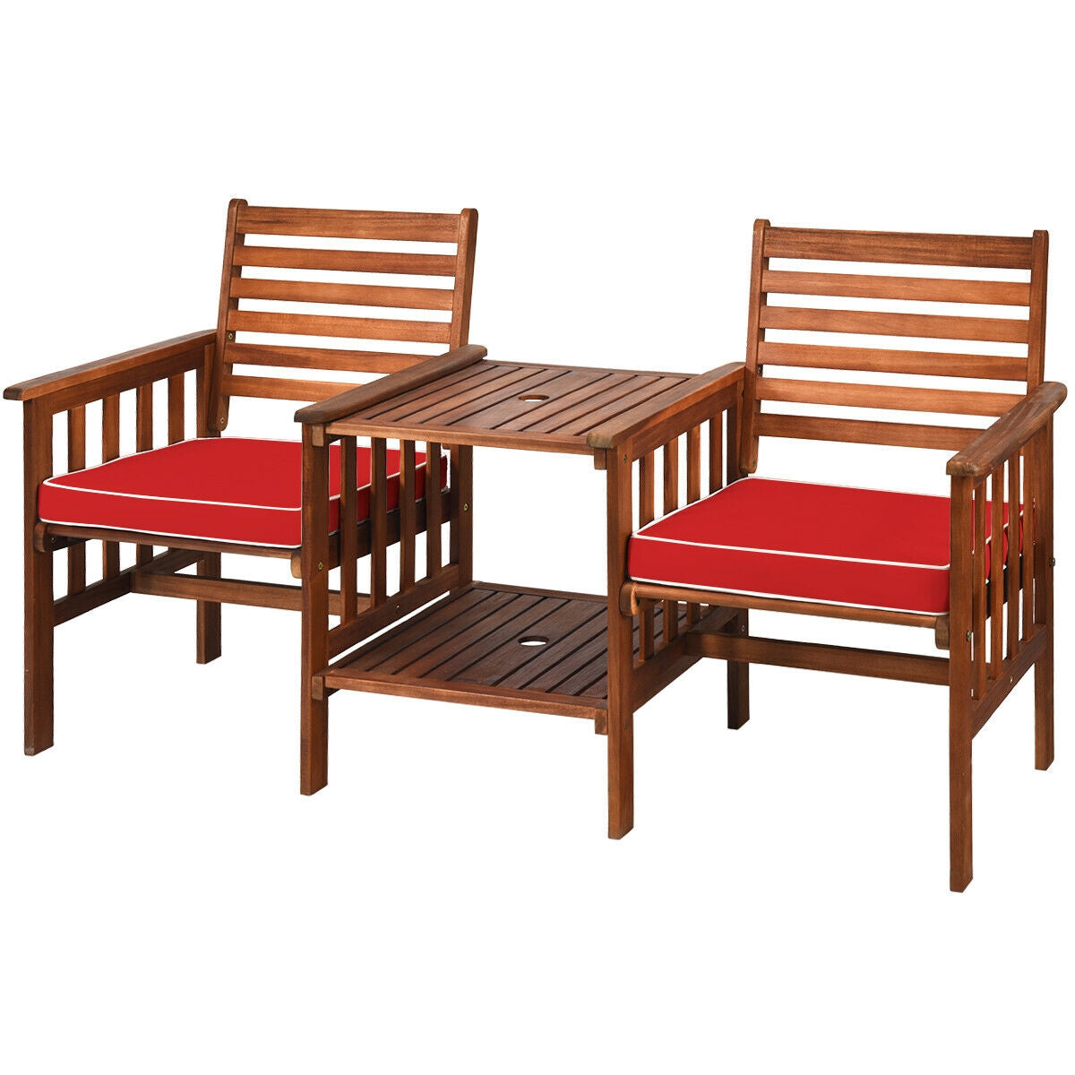 3 pcs Outdoor Patio Table Chairs Set Acacia Wood Loveseat-Red with cushions and coffee table