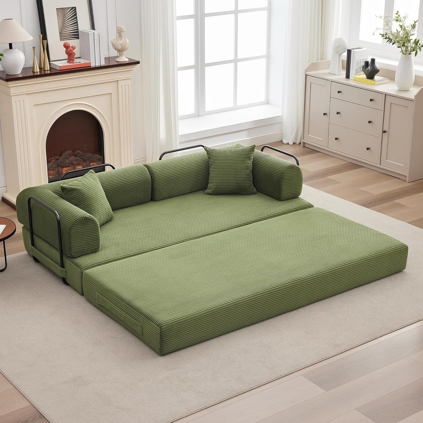 Corduroy Green 79 Inches Inter changeable Plus Sofa Bed in a modern living room setting