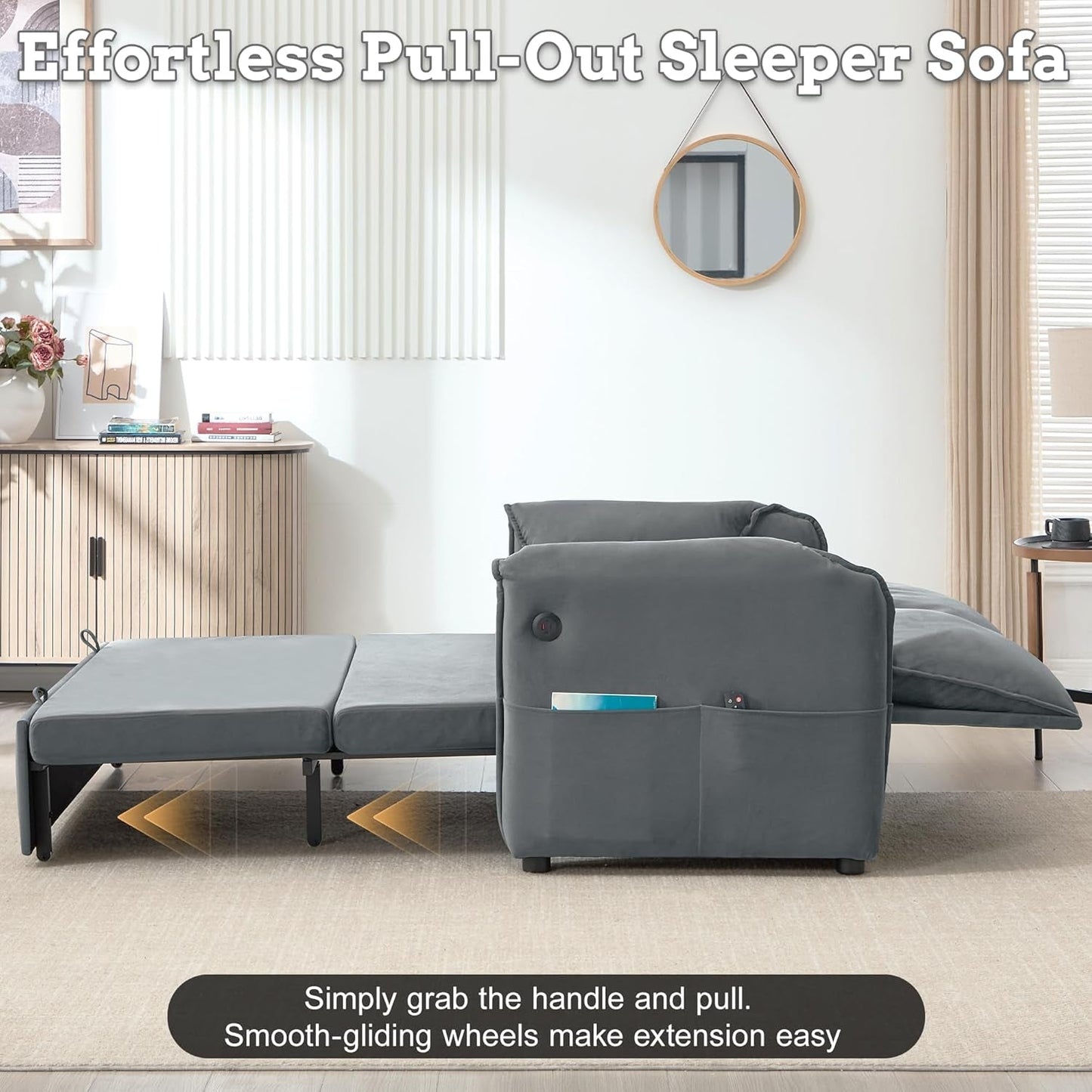 Sixty ThreeInch Pullout Velvet SofaBed Premium Edition showing its 3-in-1 functionality as a full sleeper in a modern living room.