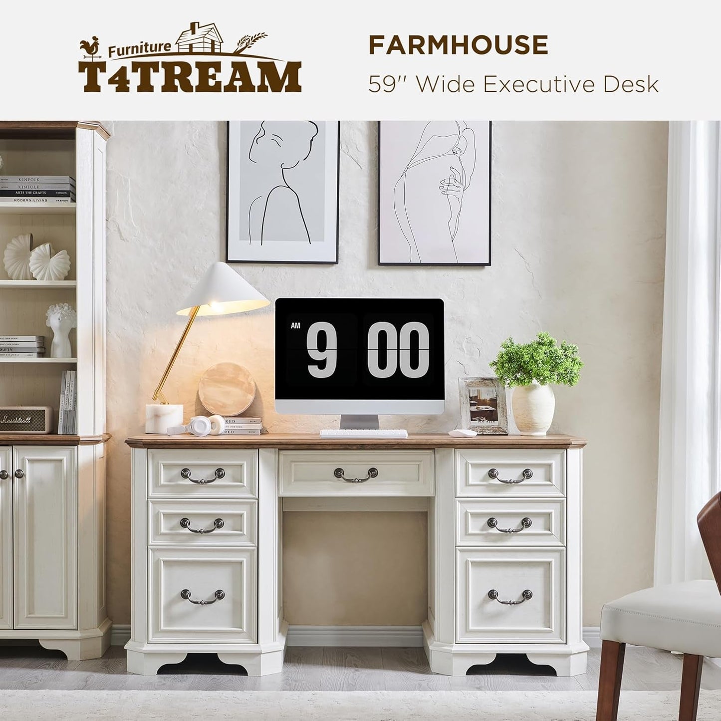59 Victorian Farmhouse Executive Desk Antique White in a home office setting with elegant design and ample workspace.
