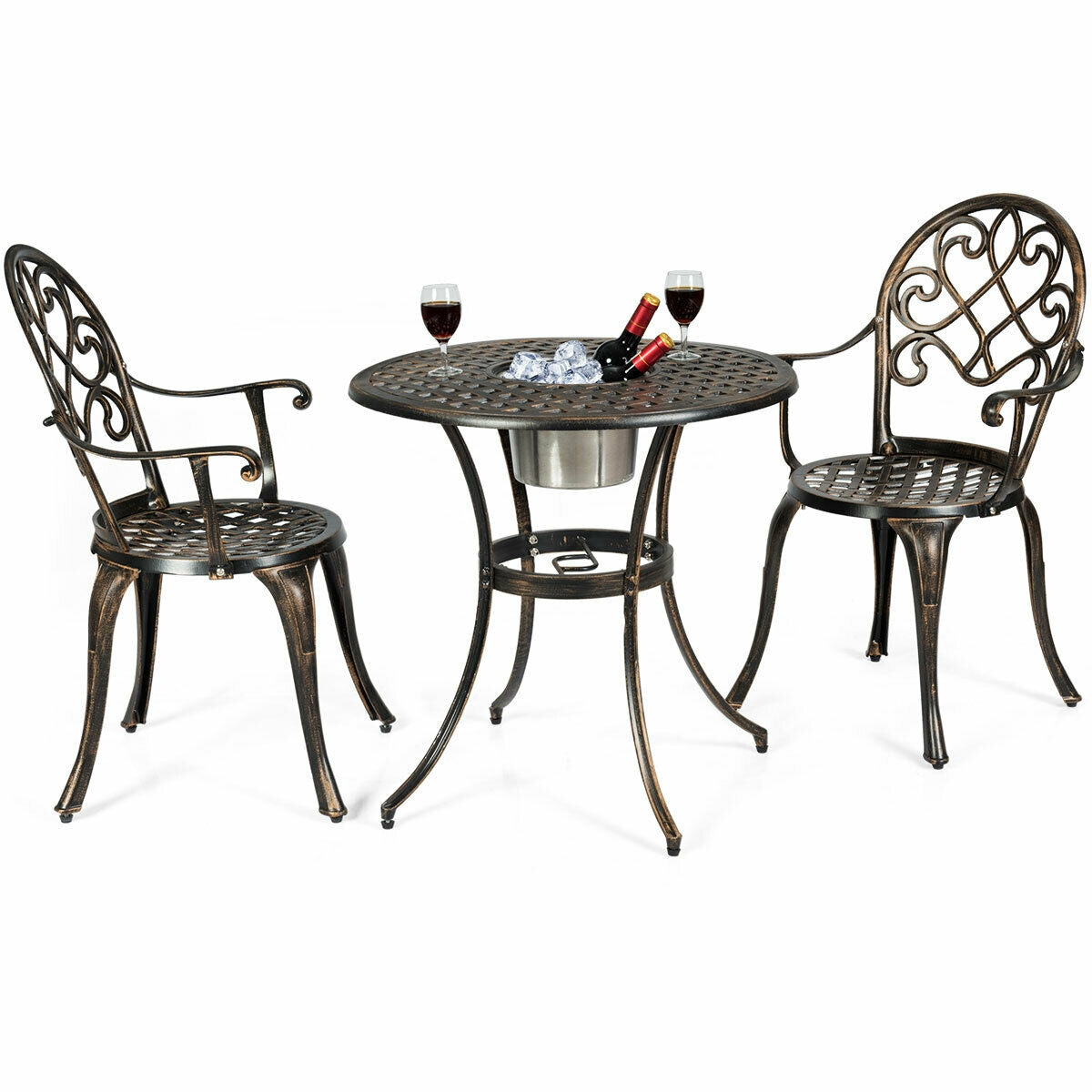 3 Pieces Outdoor Set Patio Bistro with Attached Removable Ice Bucket displayed with wine glasses and wine bottle outdoors.