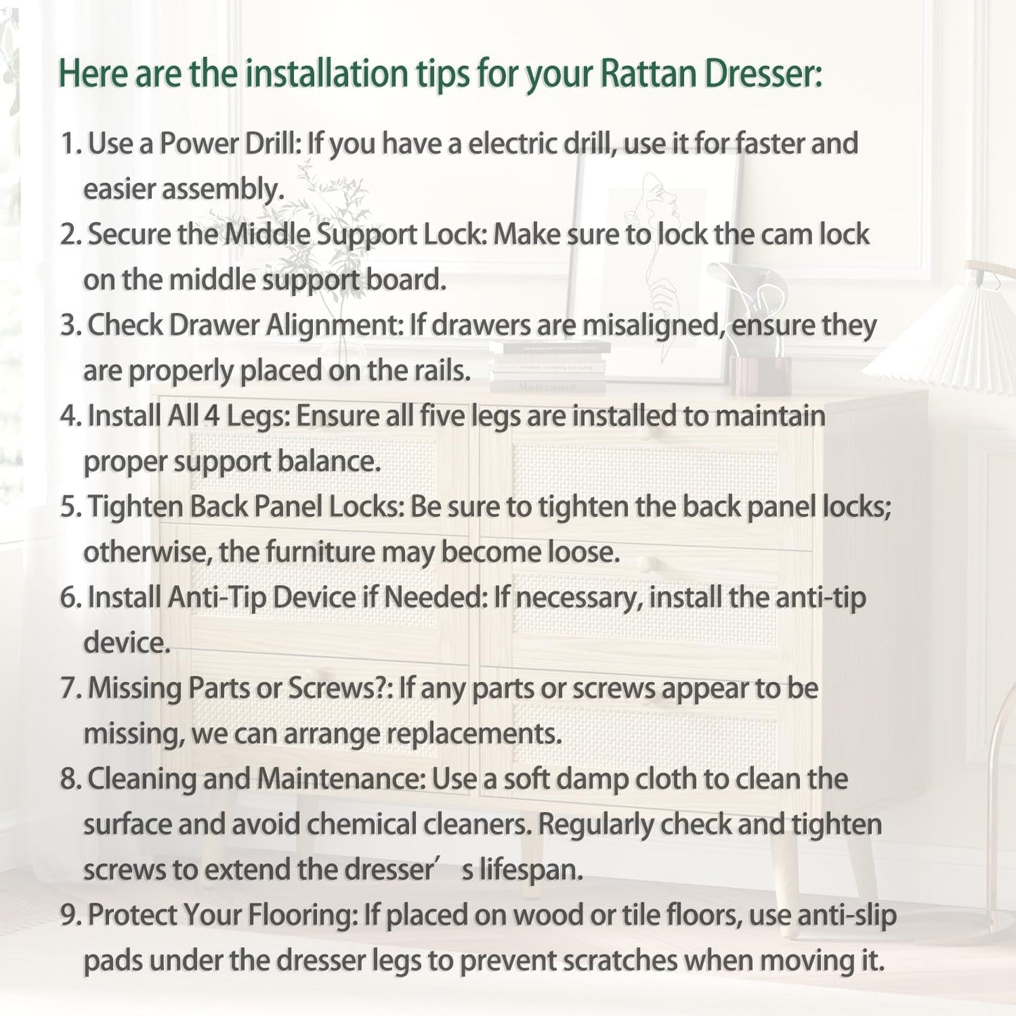 Installation tips for setting up a rattan dresser efficiently and safely.
