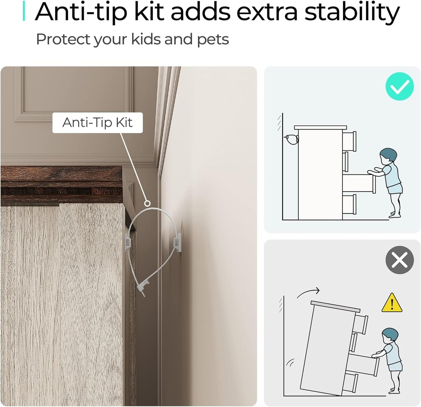 Illustration showing anti-tip kit for Beige Solid Wood Dresser Featuring Ample Compartments enhancing safety and stability