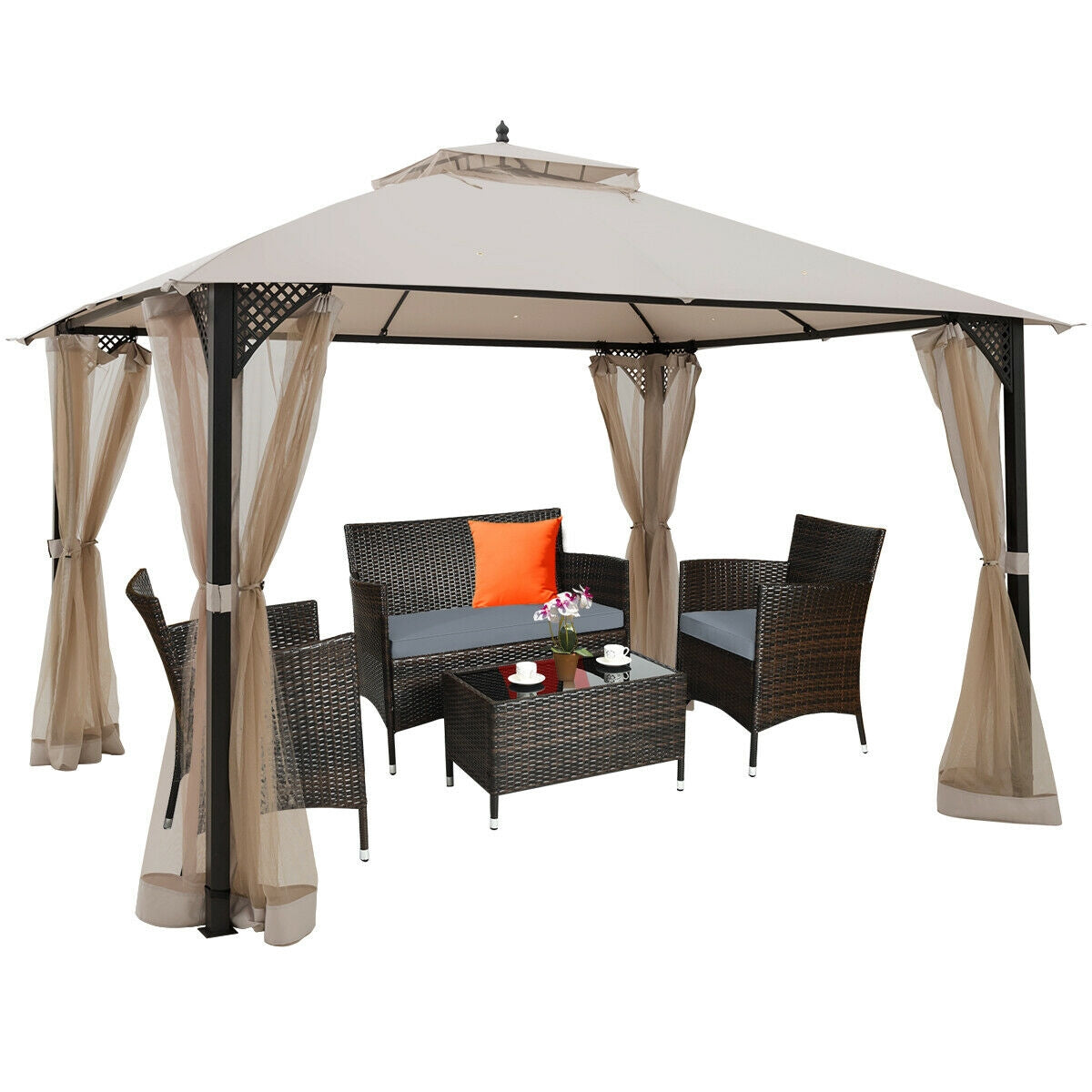 12’ x 10’Outdoor Double Top Patio Gazebo-Beige with curtains, furniture, and sturdy steel frame for garden or patio use.