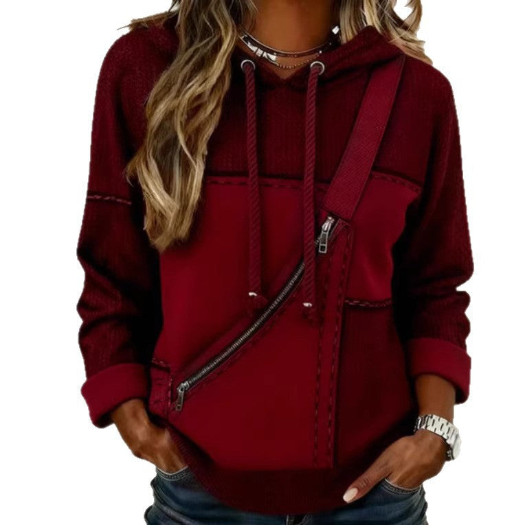 Women's 3D Printed Hooded Sweatshirt – Long Sleeve Pullover in deep red with asymmetrical zipper detail.