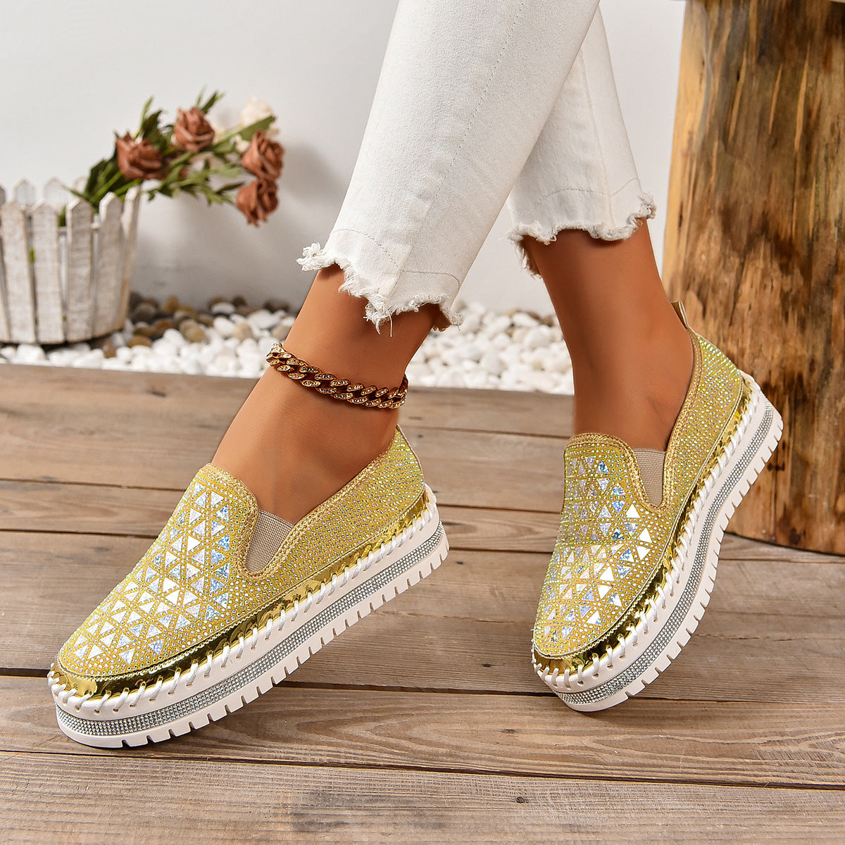 Casual Women’s Sneakers | Four-Seasons Thick-Sole Pedal Flat Shoes in yellow with stylish slip-on design for everyday comfort.