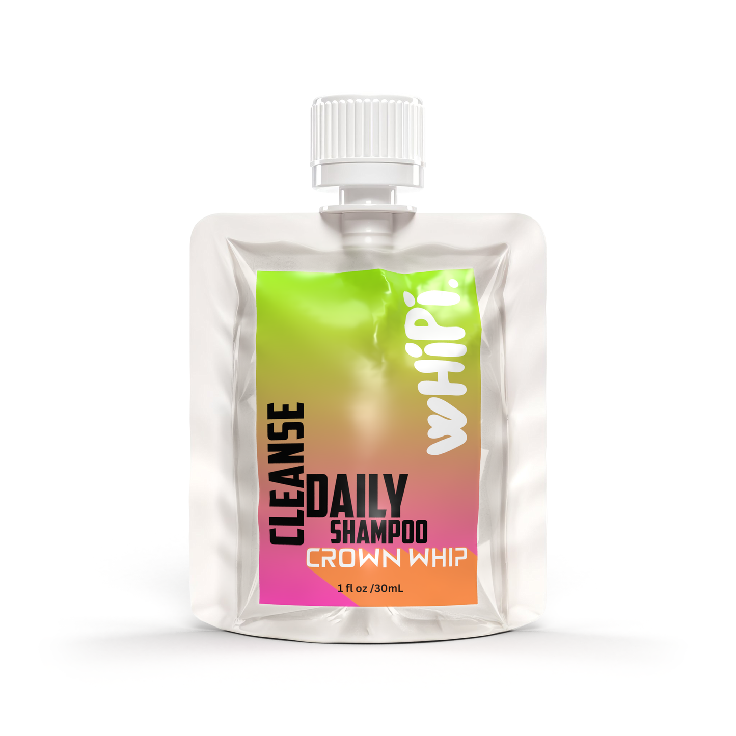 Cleanse – Crown Whip Daily Shampoo in a travel-friendly pouch, designed to hydrate and balance hair with a gentle, effective formula.