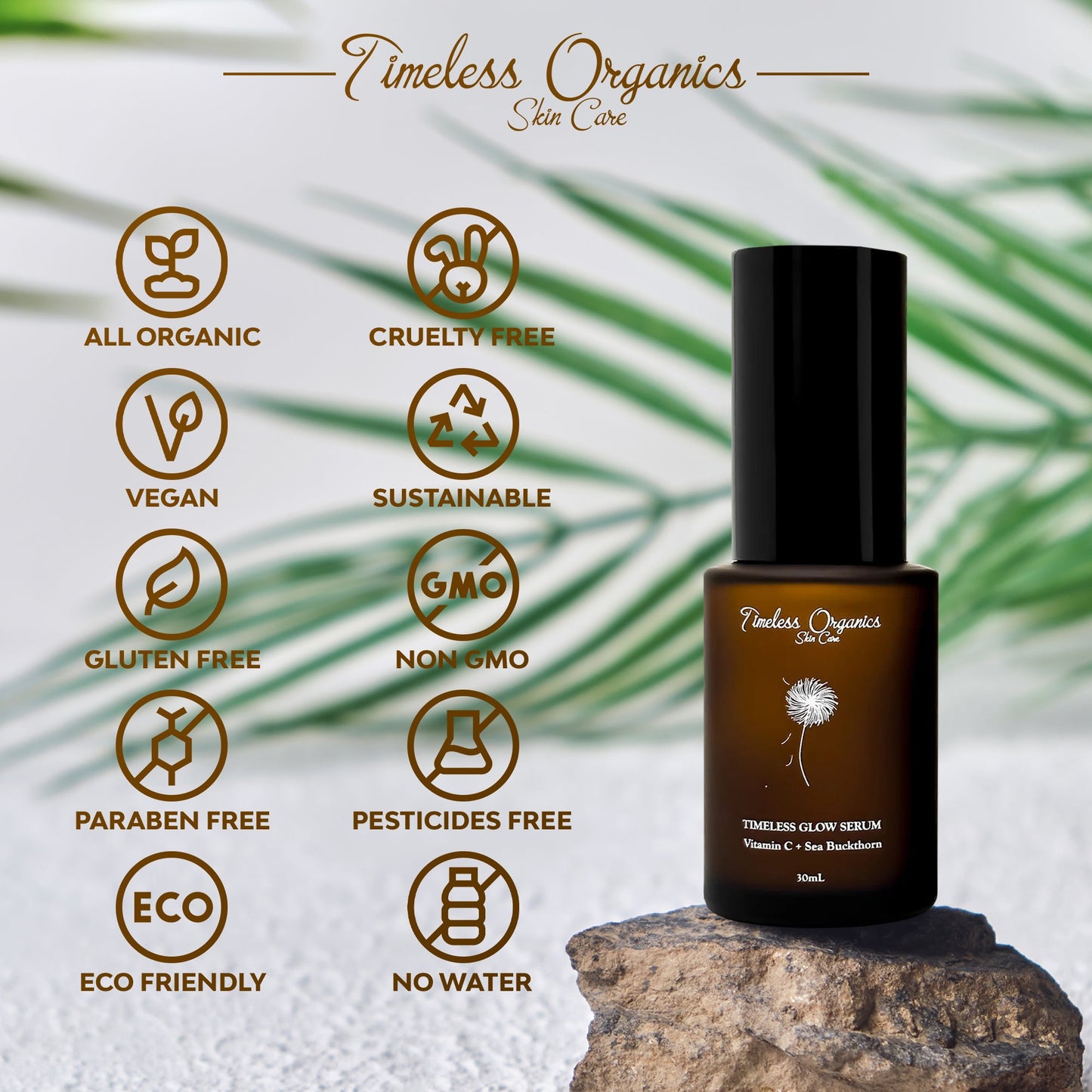 Timeless Glow Serum bottle surrounded by eco-friendly and cruelty-free icons for skincare benefits and features