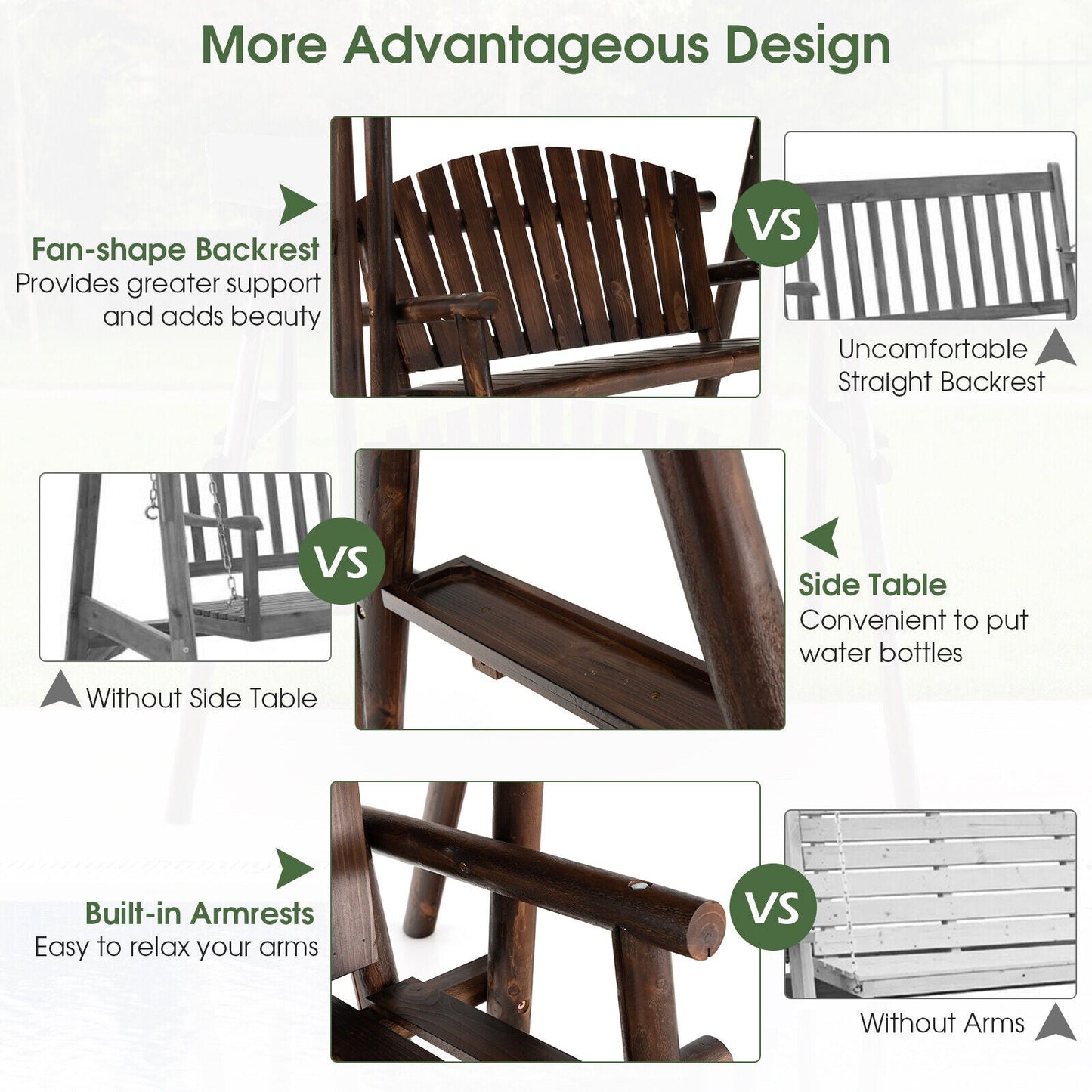Comparison of features for a 2-Person Outdoor Wooden Porch Swing with an Adjustable Canopy, showing backrest, side table, and armrests.