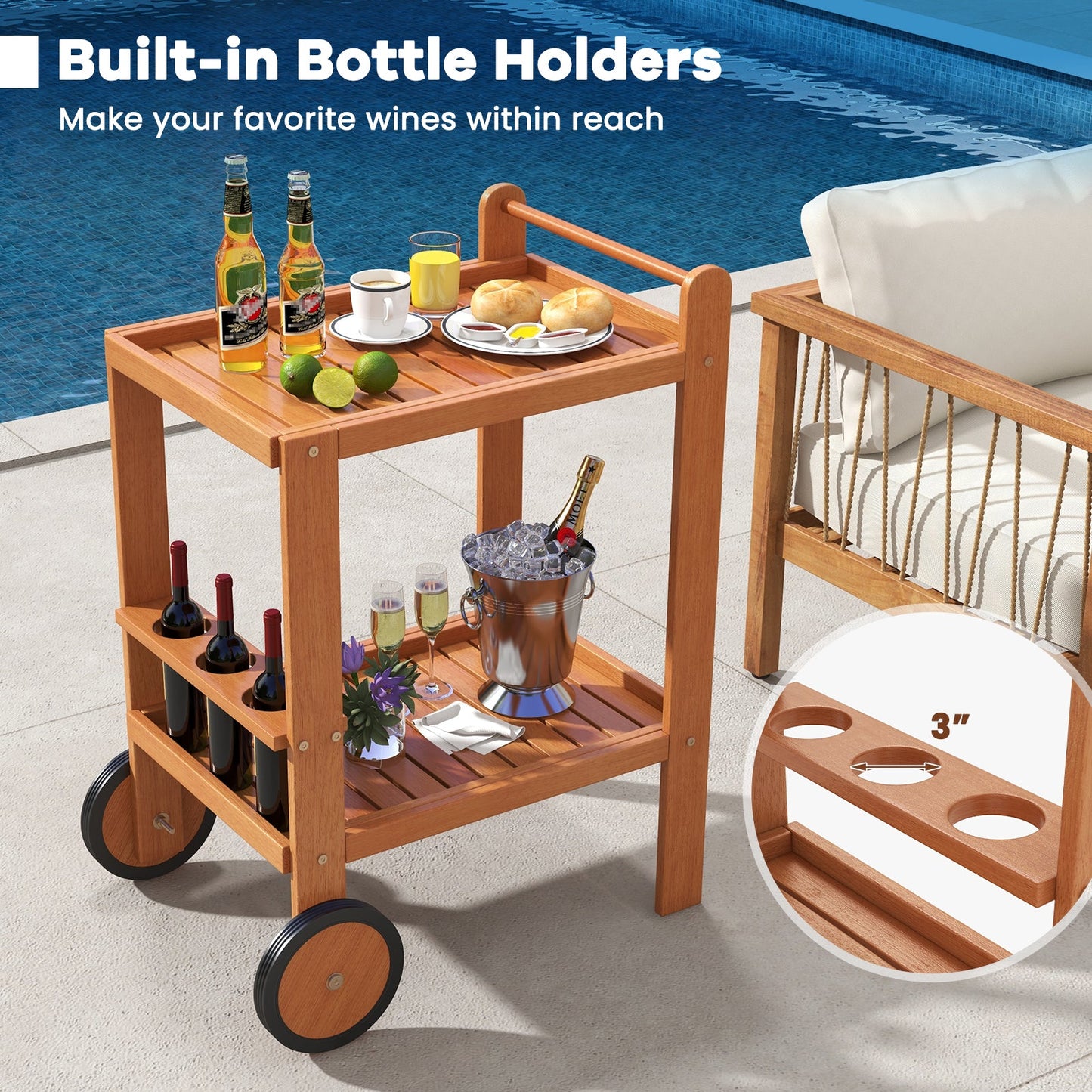 2 Tier Rolling Serving Cart with Wine Bottle Holders and 2 Rubber Wheels by poolside, showcasing drink and food setup with built-in holders.