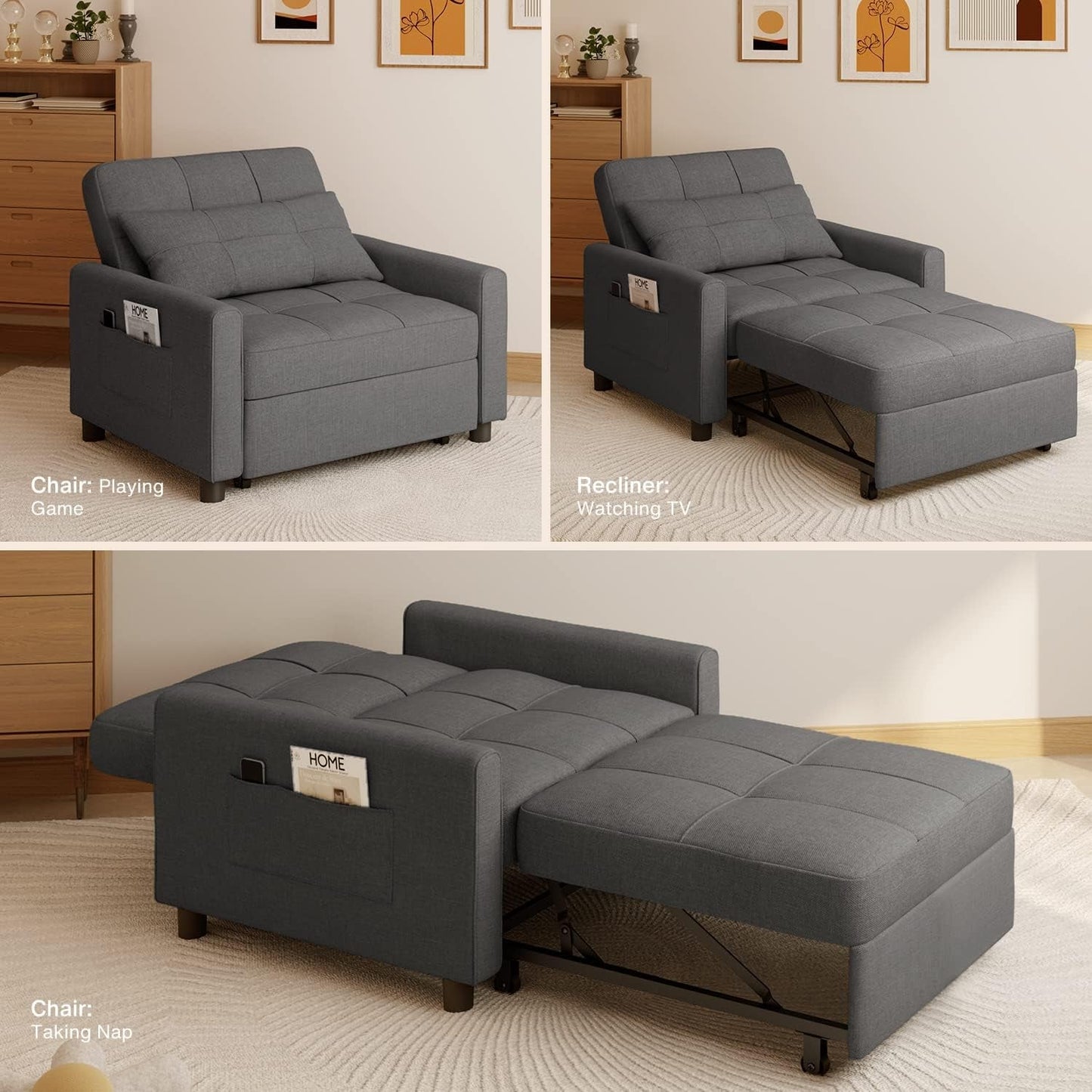 Dark Gray Sleeper Chair Bed Three In One Convertible Modern Linen Fabric Sofa in chair, recliner, and bed positions