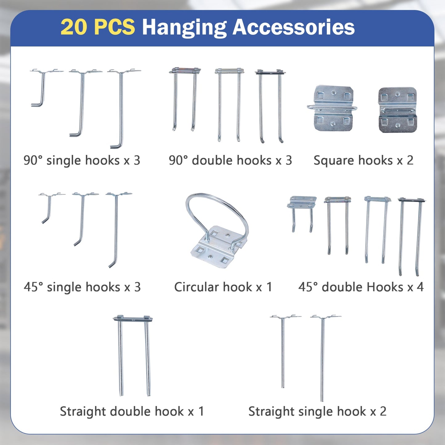 20 pcs hanging accessories including various hooks for 32 x 16 Inch Workbench Work Table with 2 PCs Pegboard Drawer and Shelves-Black