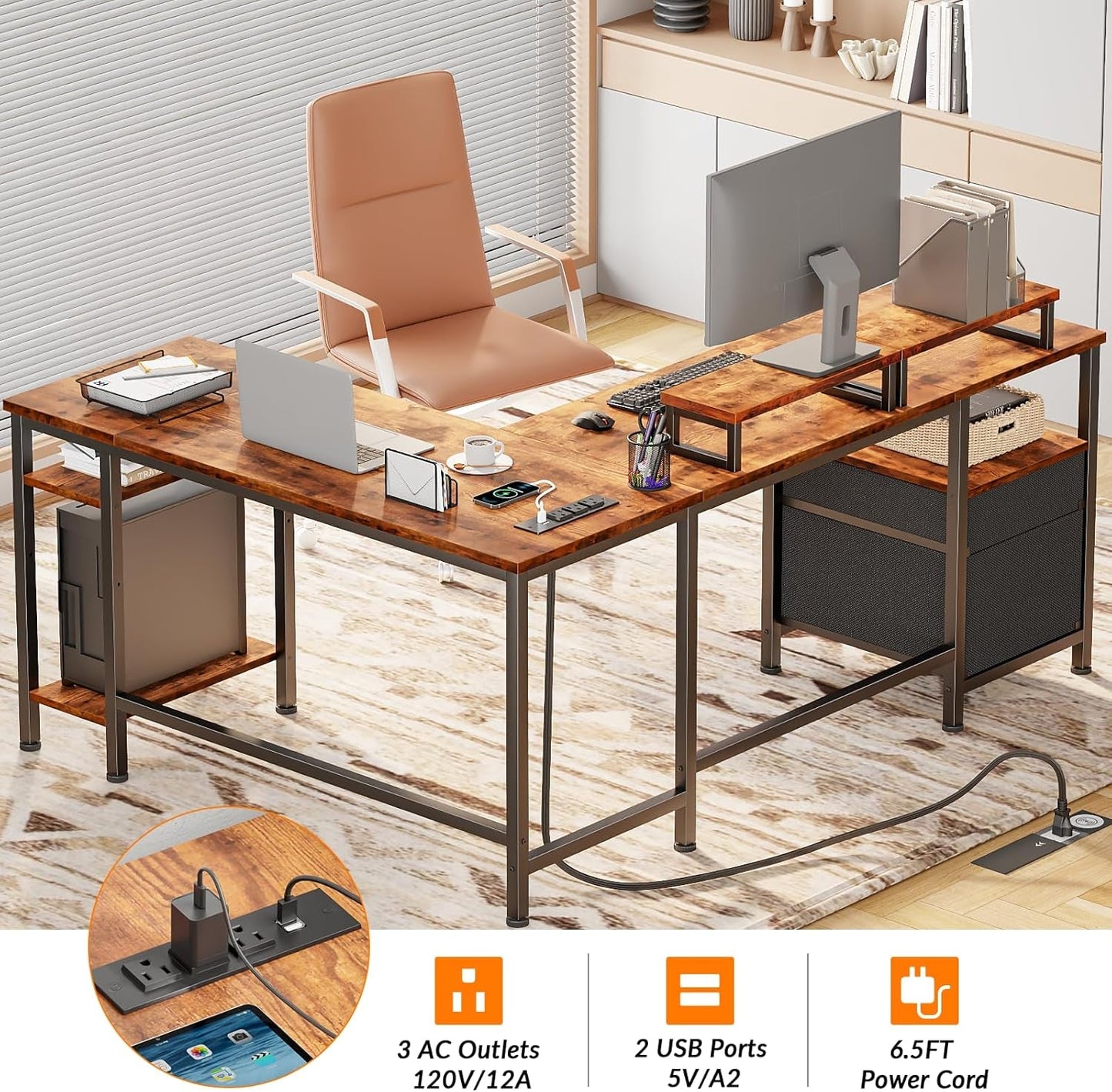 Fifty Nine Inch L Shaped Desk With Power Outlet And Storage Shelves in modern office setting.