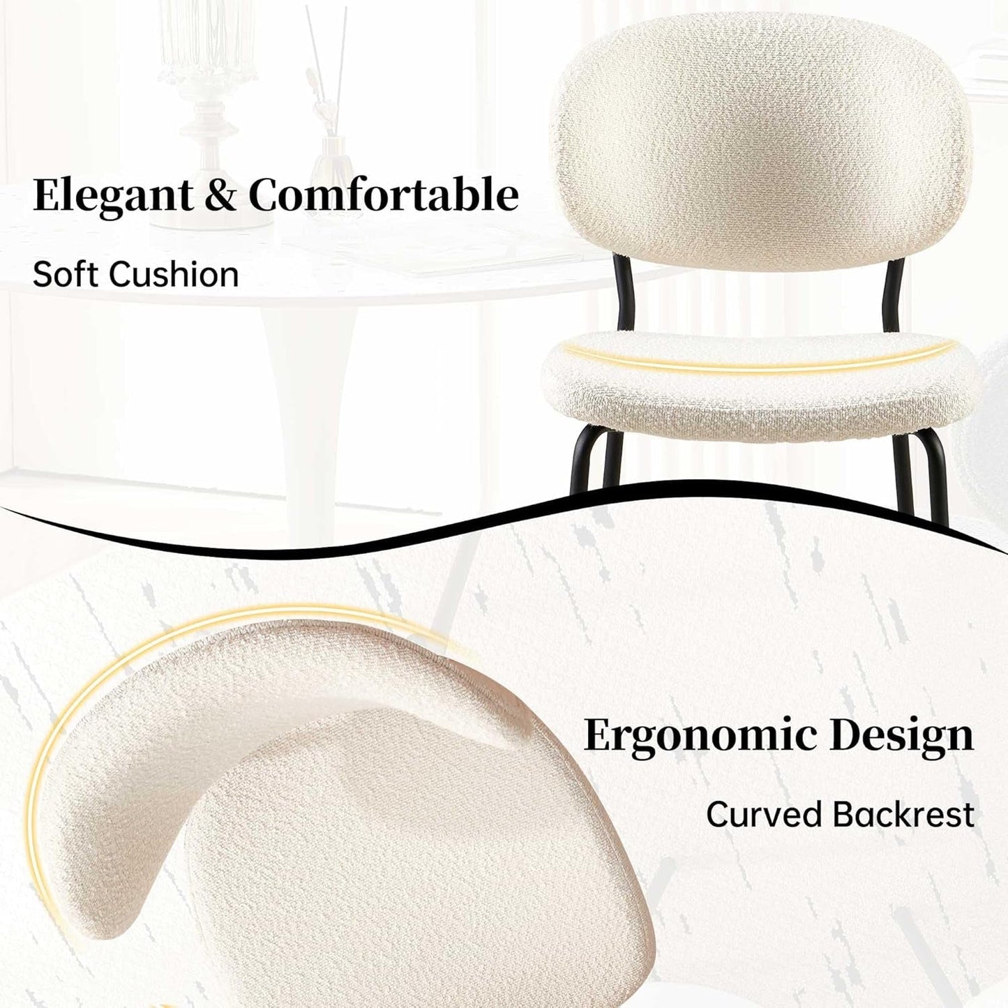 Elegant chair with soft beige boucle upholstery, features ergonomic design for 47 Inch Round Dining Table Set Beige Oak Boucle Padded Seating.