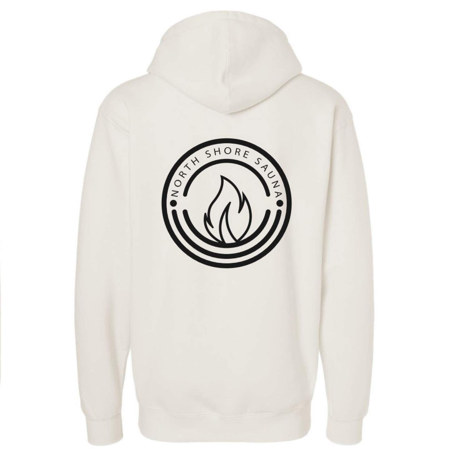 Back view of Bone Sauna Capital Hoodie with North Shore Sauna logo, offering comfort and temperature regulation for relaxation.
