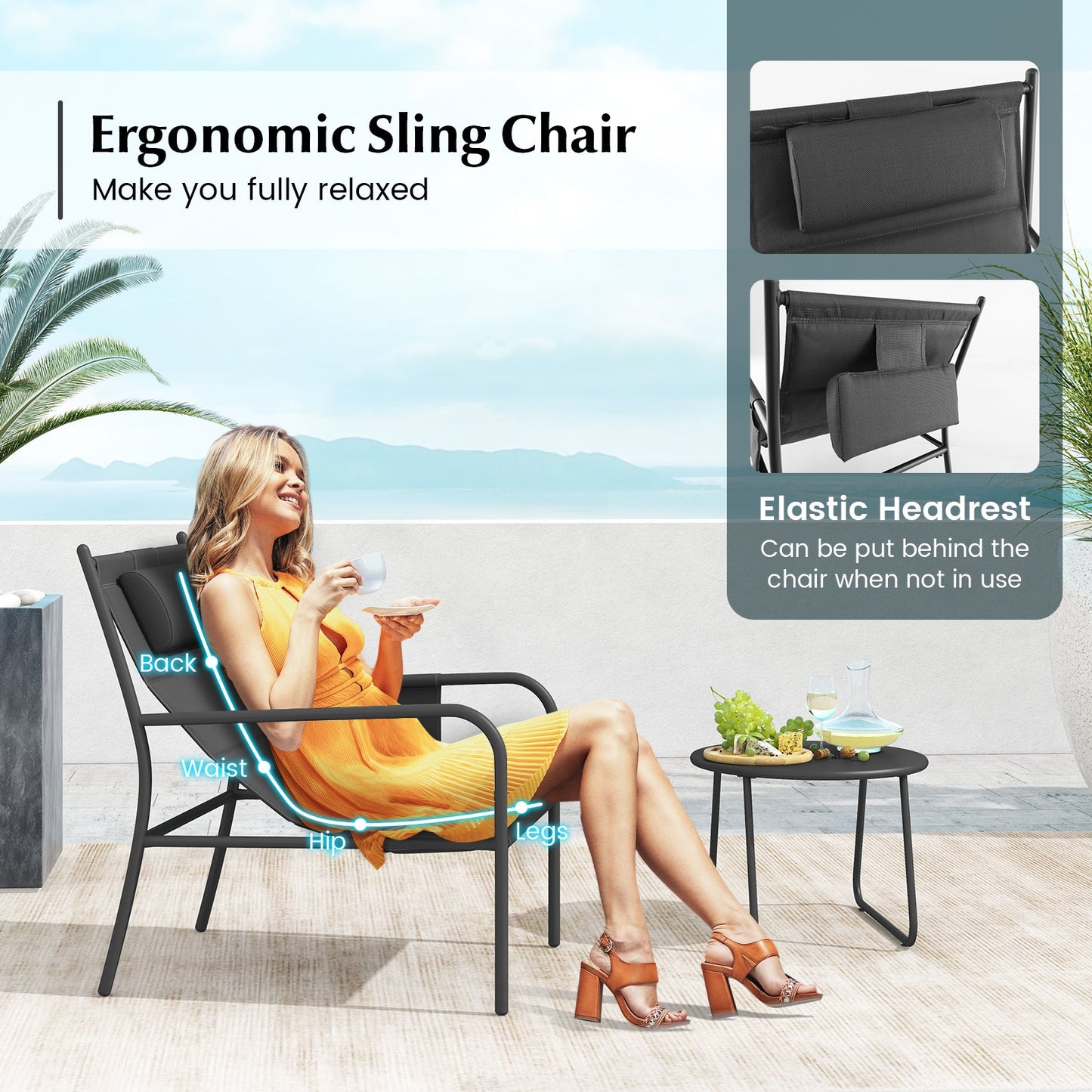 Woman relaxing on ergonomic sling chair from 3 Piece Outdoor Bistro Set Patio Metal Chair and Coffee Table Set-Gray