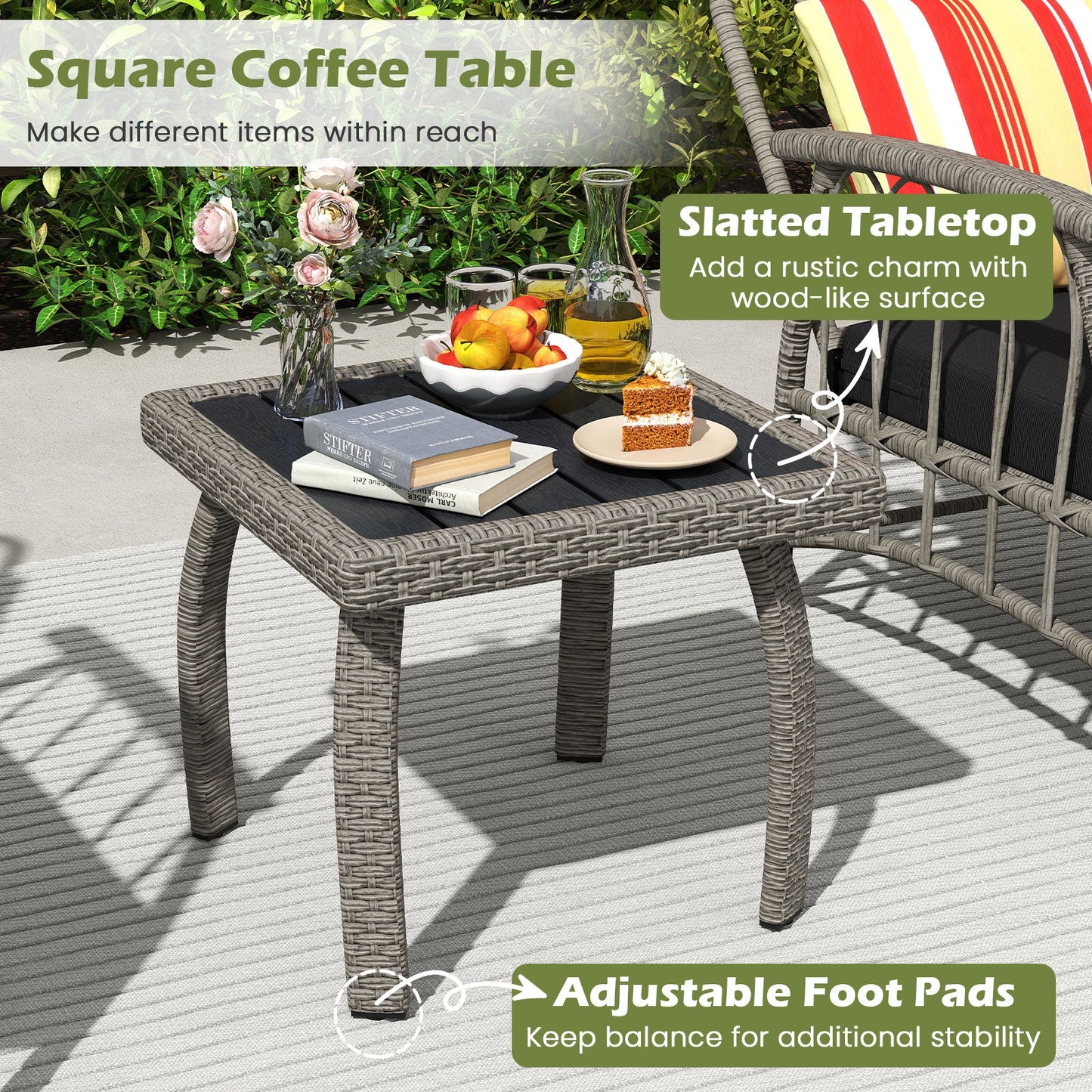 Gray square coffee table with slatted tabletop, adjustable foot pads, set on a patio with a 3 Pieces Patio PE Wicker Furniture Set with 5-Level Adjustable Backrest-Gray.