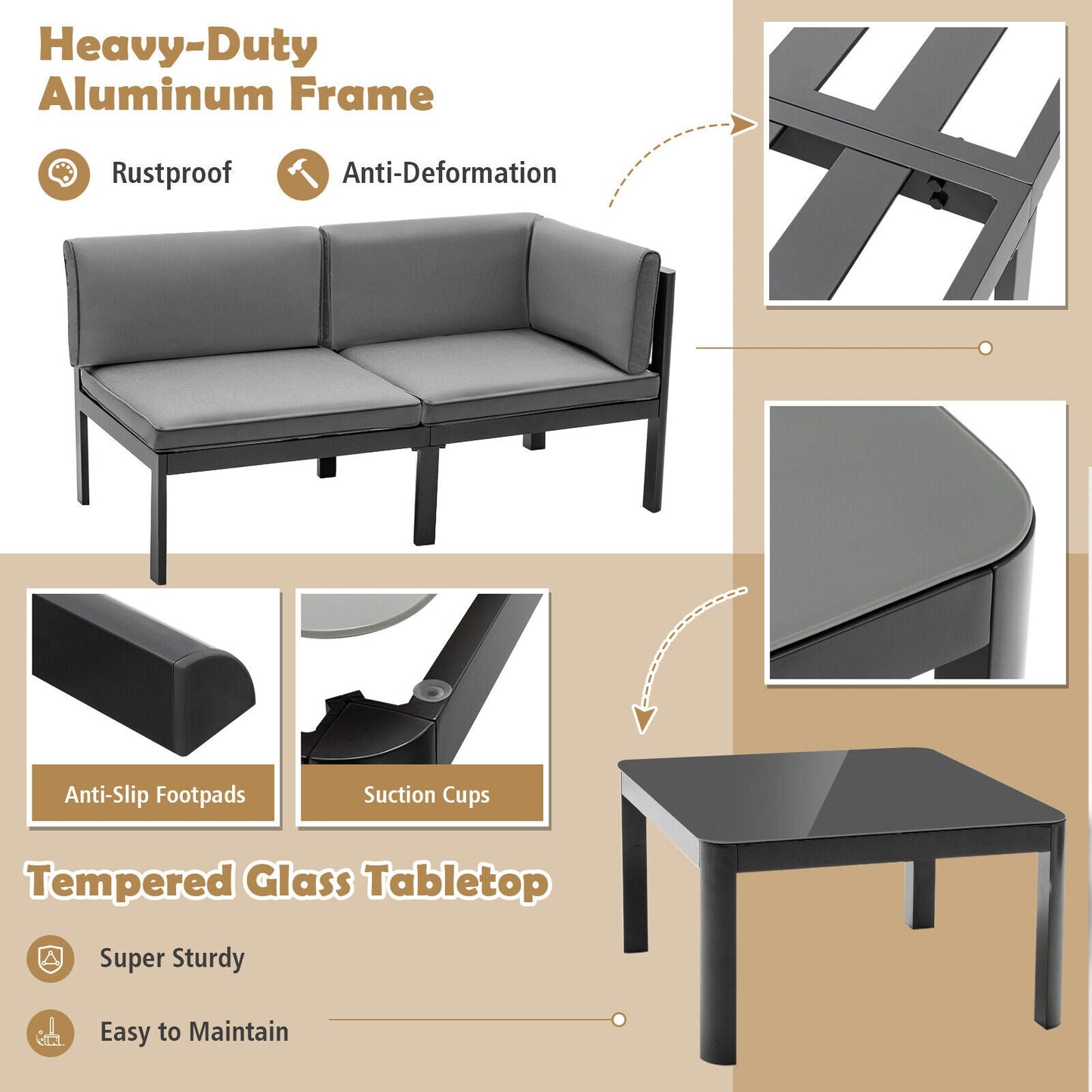3 Pieces Aluminum Patio Furniture Set with 6-Level Adjustable Backrest-Gray featuring anti-slip footpads and tempered glass tabletop.