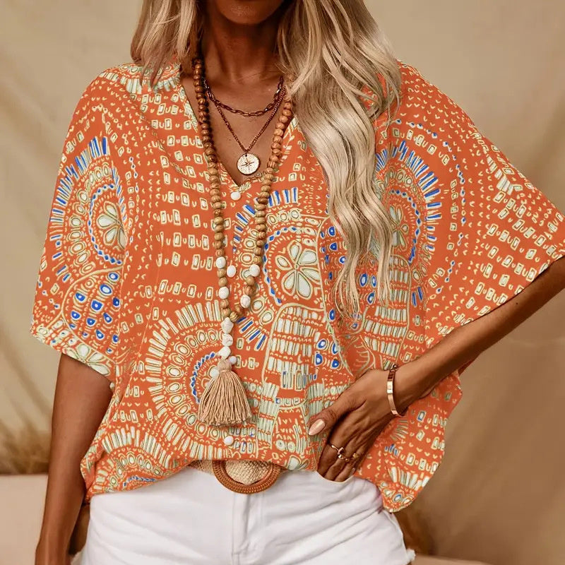 Mandala Print V-Neck Blouse – Casual Vacation Top