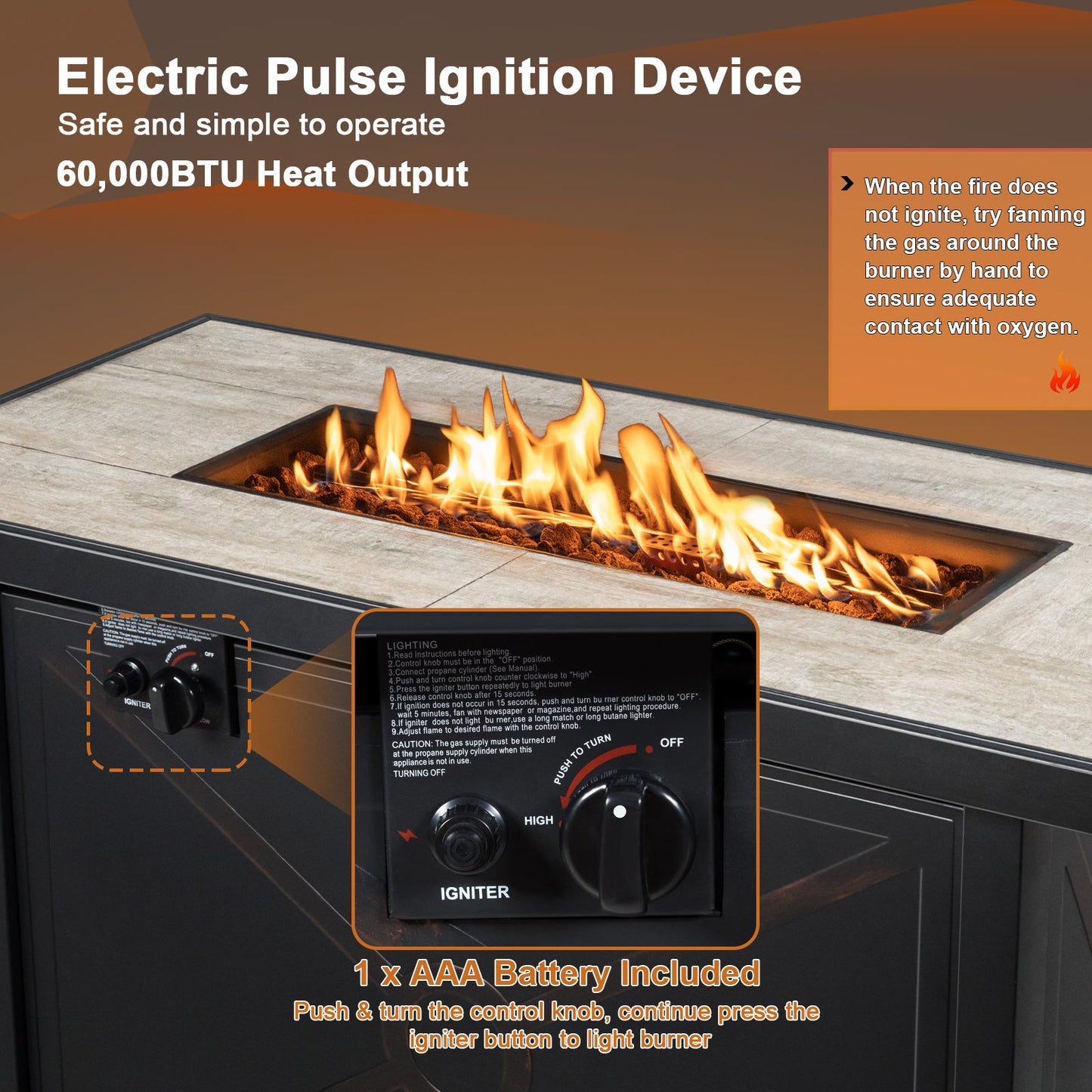 42 Inch 60000 BTU Propane Fire Pit Table with Ceramic Tabletop featuring electronic ignition and high heat output.