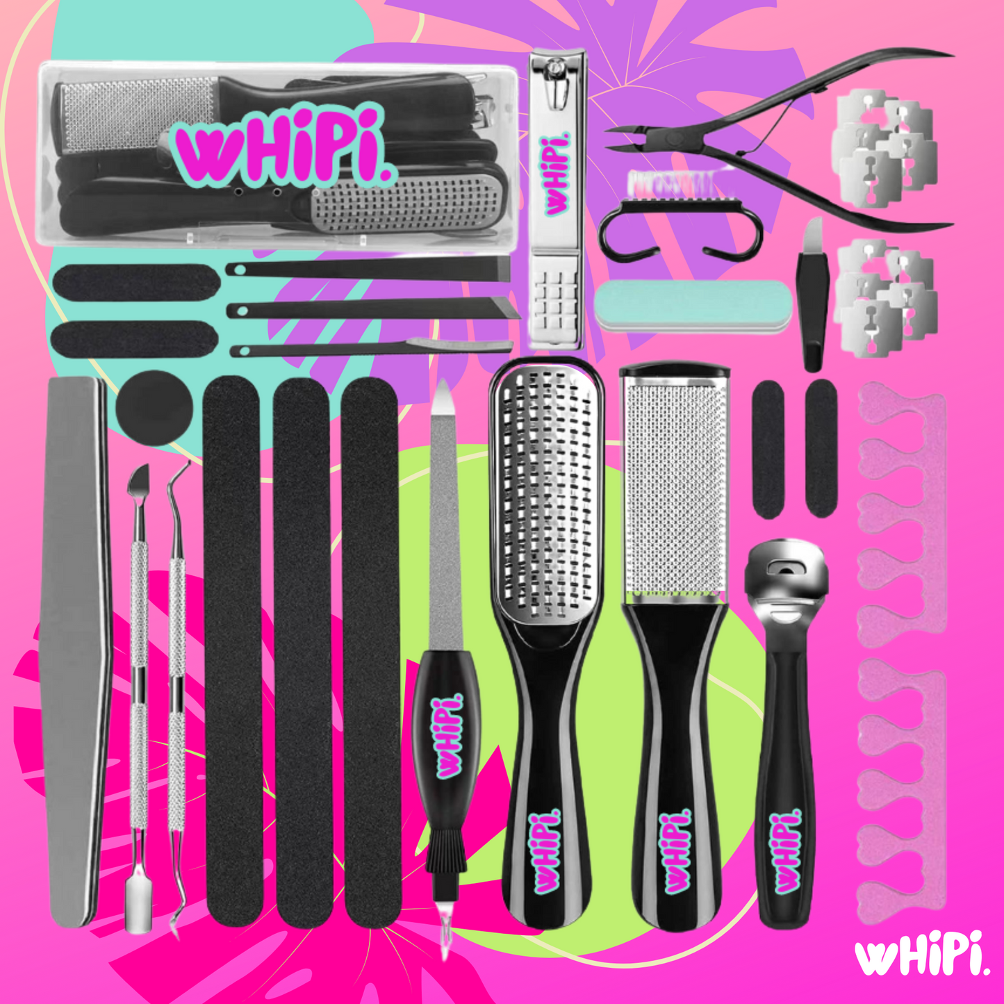 Perfect Summer Pedi Tool Kit featuring various pedicure tools for smooth heels and nails at home.