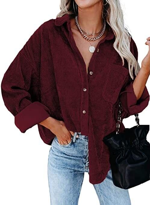 Woman wearing Corduroy Country Chic Shirt – Stylish Single-Breasted Cowgirl Shirt in burgundy with jeans and black bag