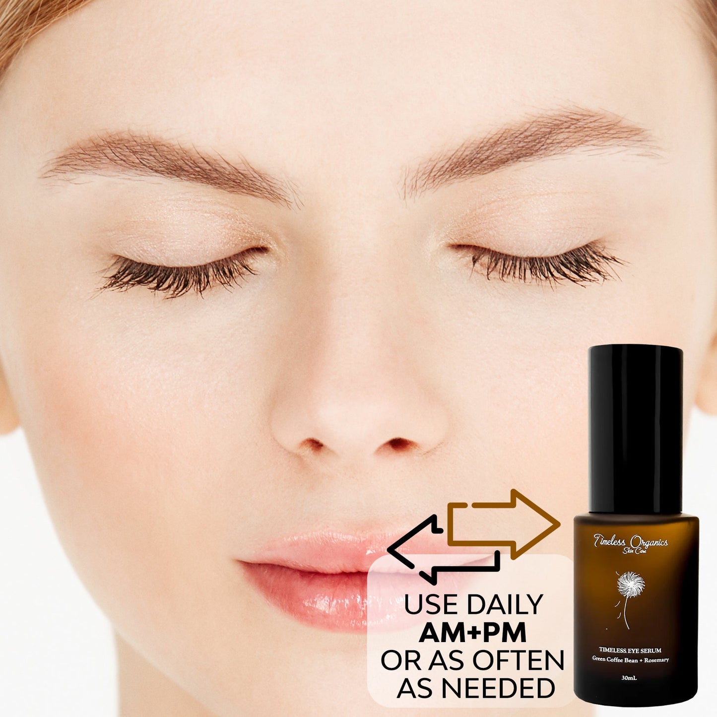 Woman with closed eyes holding Timeless Eye Serum bottle next to her face, highlighting daily use for smooth, revitalized skin.