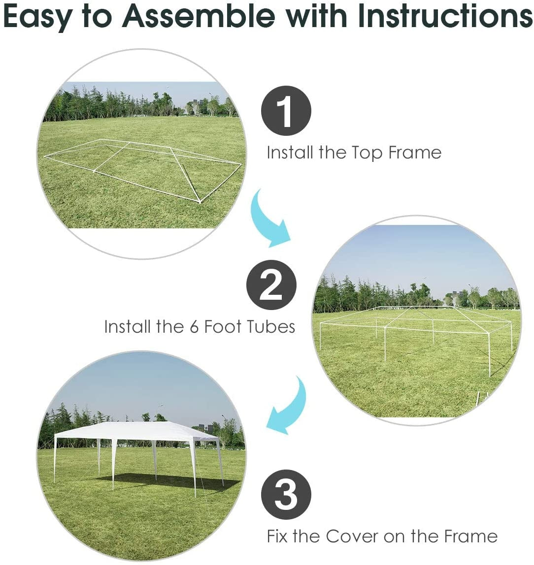 Easy assembly guide for 10 x 20 Feet Waterproof Canopy Tent with Tent Peg and Wind Rope showing installation steps.