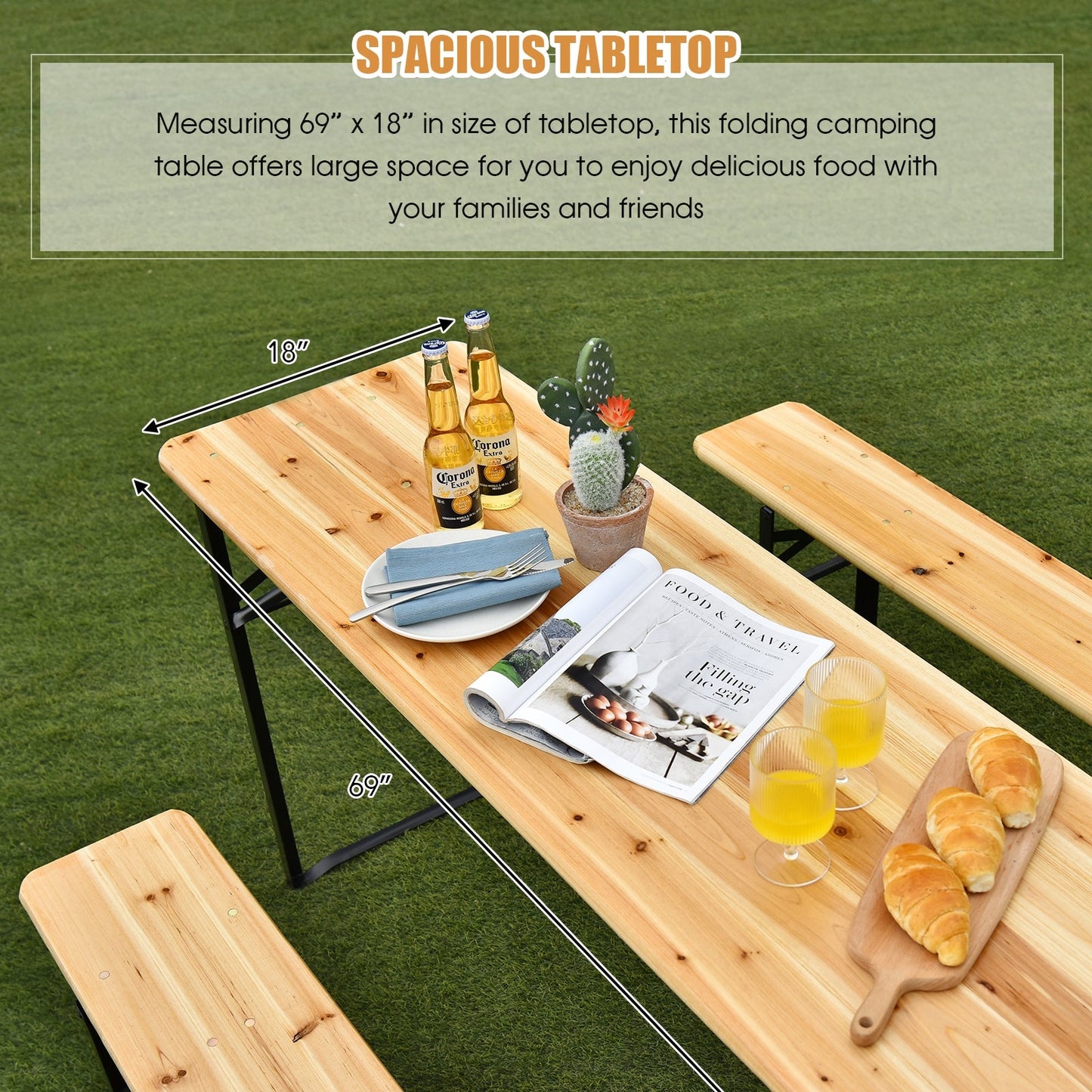 3 Pieces Folding Wooden Picnic Table Bench Set with Spacious Tabletop, ideal for outdoor dining, featuring drinks and snacks on a fir wood surface