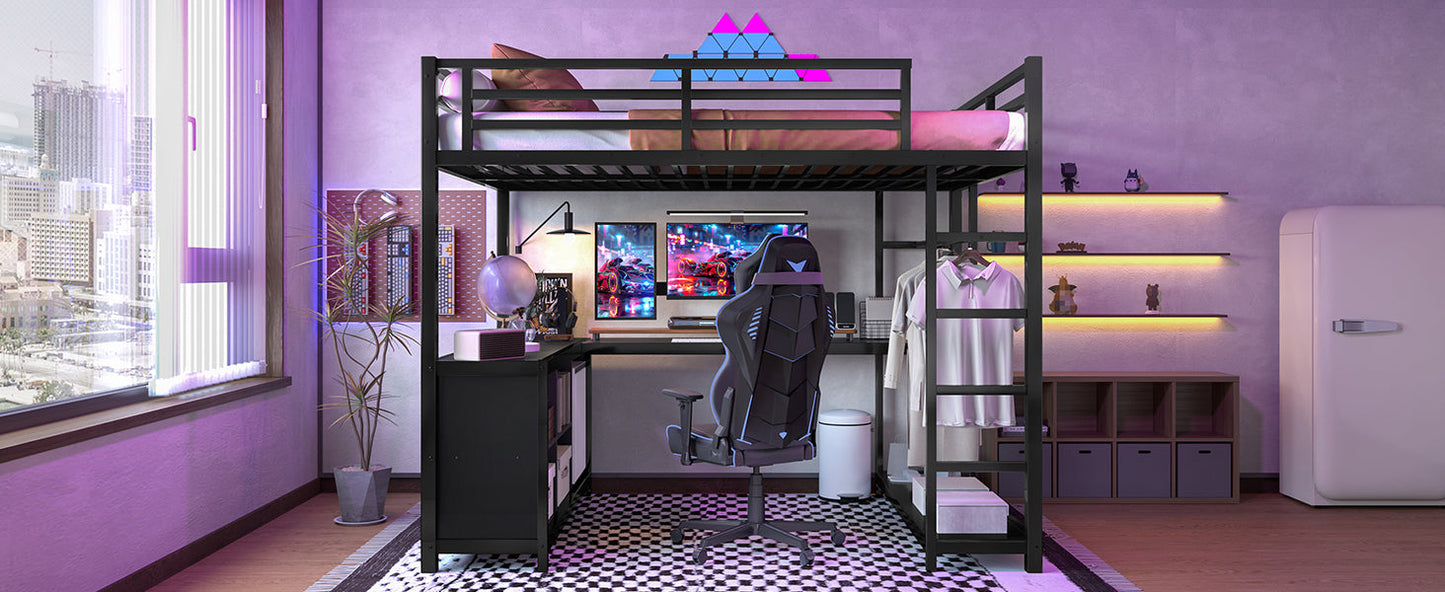 Metal Loft Bed with Wardrobe and L-shaped Desk, Full Size Loft Bed with Storage Cubes and Shelves, Loft Bed for Kids Teens Adults, Black
