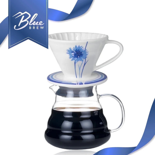 BLUE BREW Ceramic Pour Over Coffee Dripper & Borosilicate Glass Server Set – Premium Single-Serve Coffee Maker with Heat-Resistant Carafe