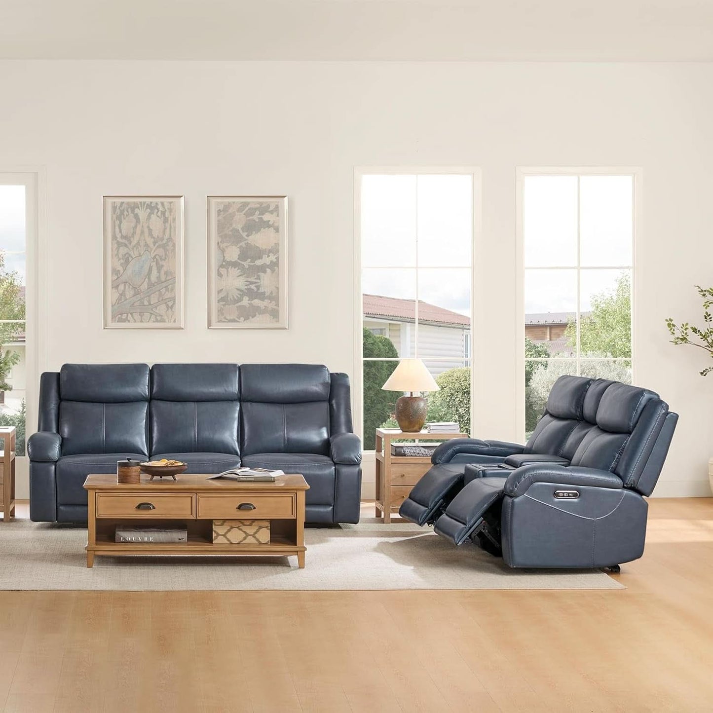 Navy Genuine Leather Power Recliner Sofa With USB Type C