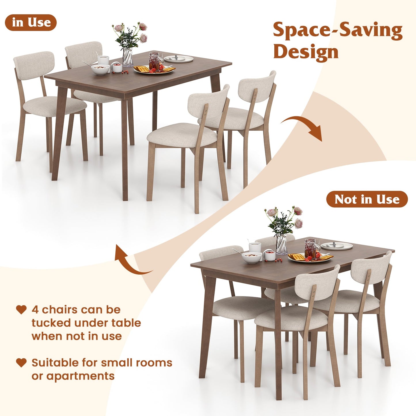 5-Piece Dining Table Set for 4 with Rubber Wood Frame and Padded Set-Brown, space-saving design with chairs tucked under table