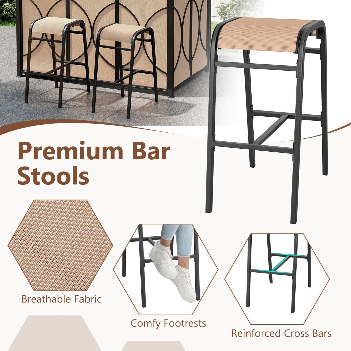 Premium bar stools with breathable fabric, comfy footrests, and reinforced cross bars for grill gazebo set.