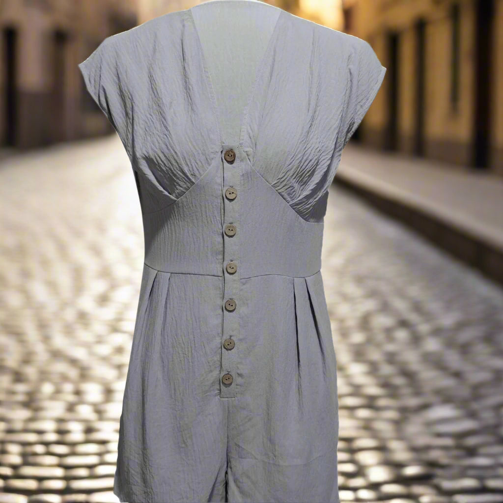 Women’s Short Button Front Jumpsuit – V-Neck Patchwork Romper