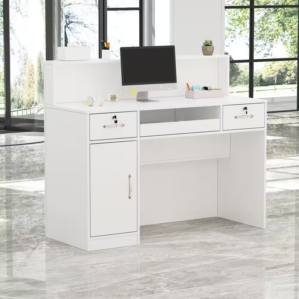 Natural White Corner Computer Desk with Hutch and Storage in modern office setting, perfect for maximizing workspace.