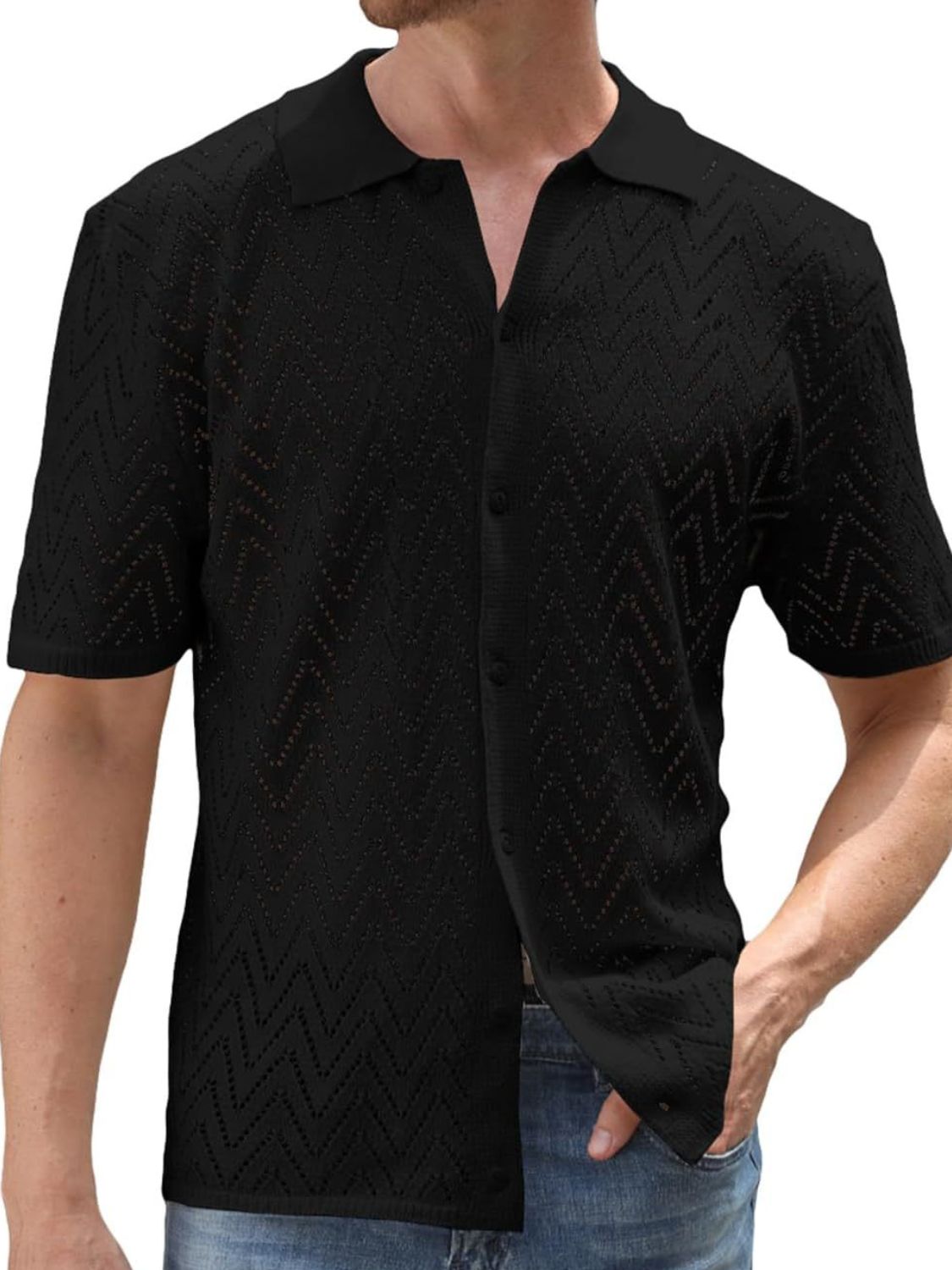 Openwork Button Down Short Sleeve Shirt