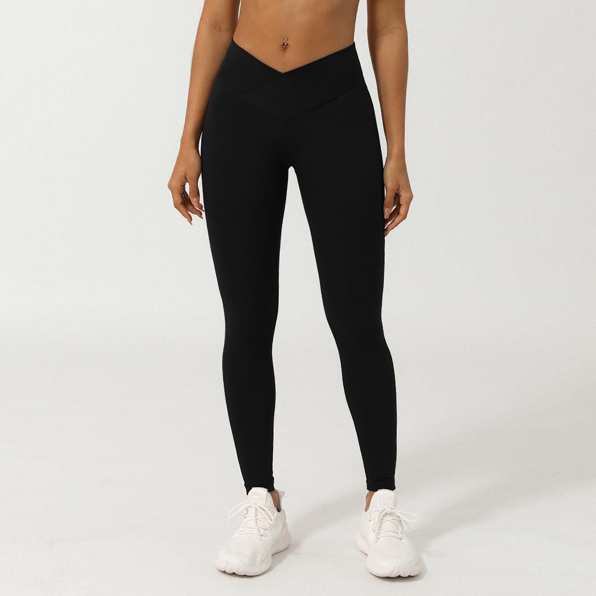V-Shaped High-Waisted Yoga Pants | Skinny Fit Workout Pants for Fitness & Yoga - black nylon, flattering V-shaped waistband.