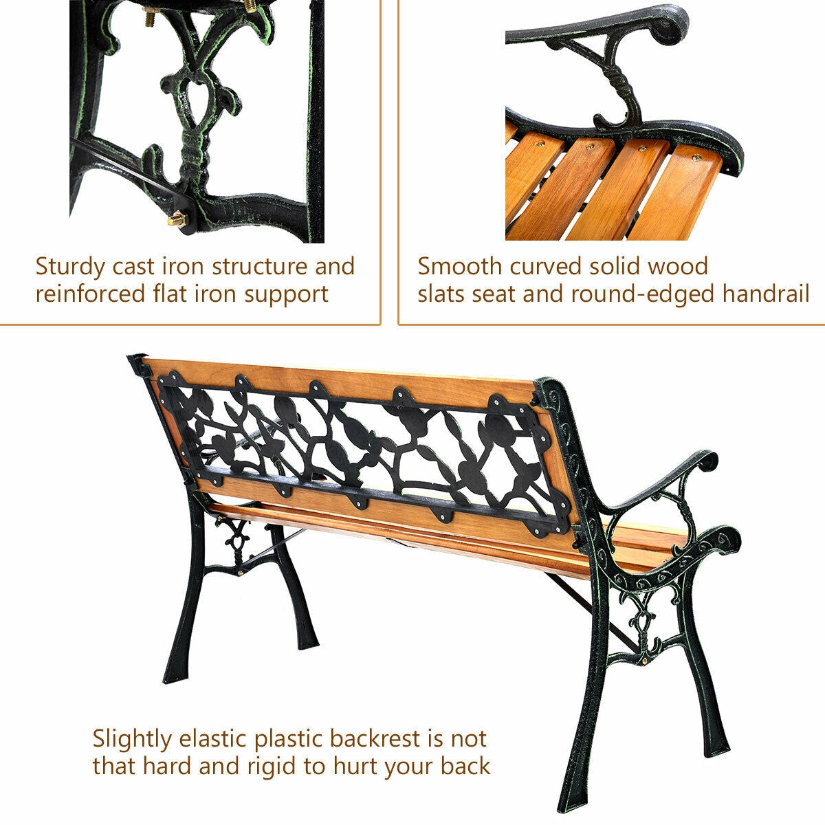 49 1/2 Inch Patio Park Garden Porch Chair Bench with cast iron structure, solid wood seat, and PVC backrest pattern. Seats three adults.