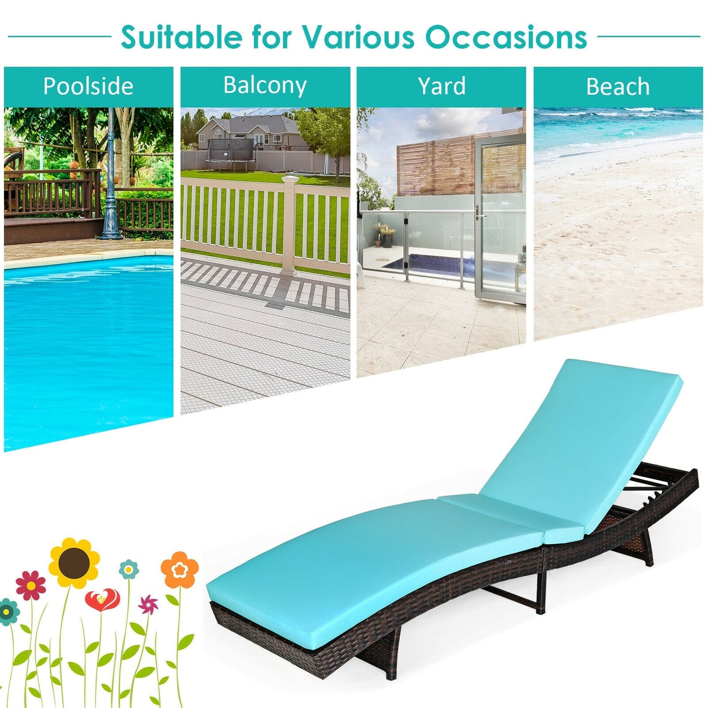 Patio Folding Adjustable Rattan Chaise Lounge Chair with Cushion-Turquoise suitable for poolside, balcony, yard, and beach