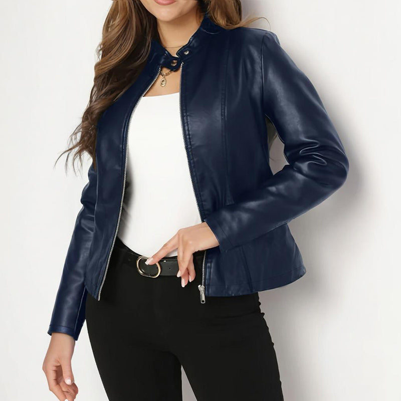 Women's Solid Color Long Sleeve Stand Collar Faux Leather Blazer